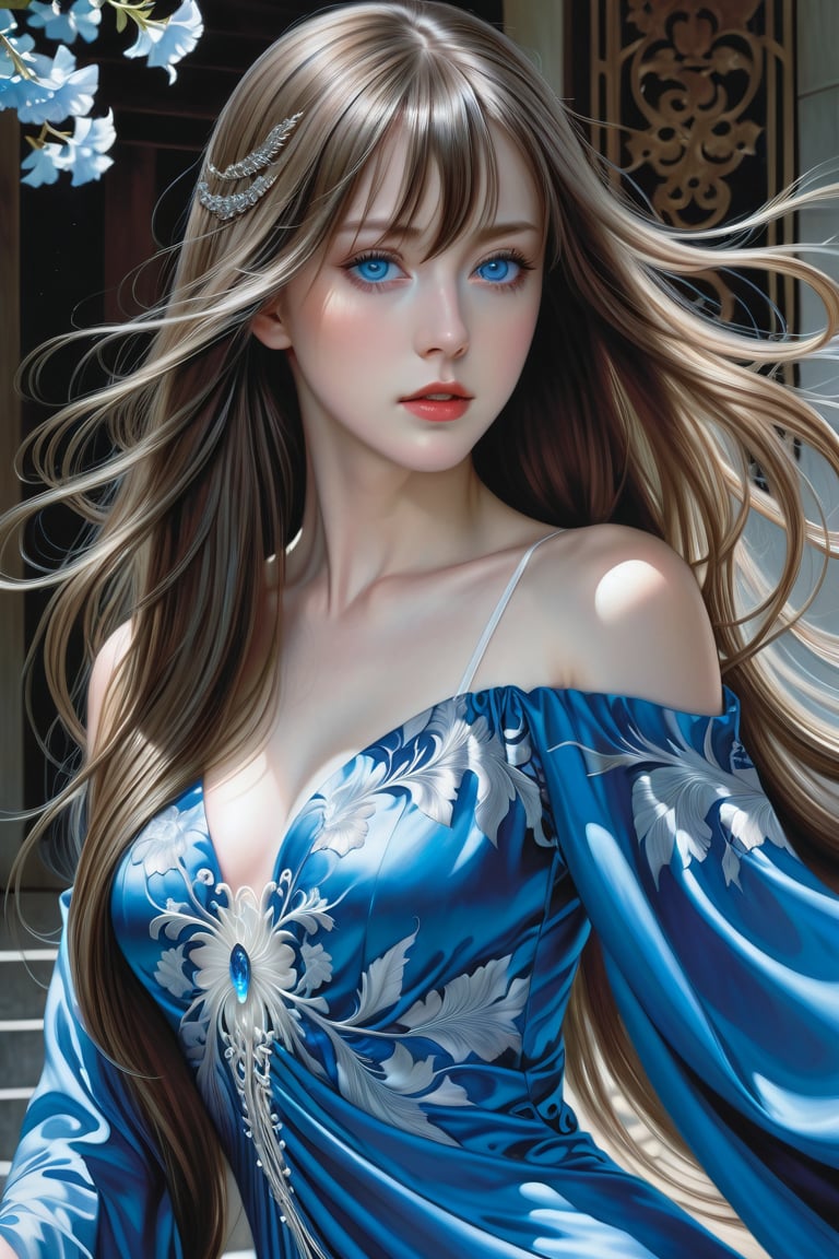 1girl, long hair, blue eyes, perfect female body, long dress, sharp focus, 8 k high definition, insanely detailed, intricate, elegant, art by artgerm, junji ito
