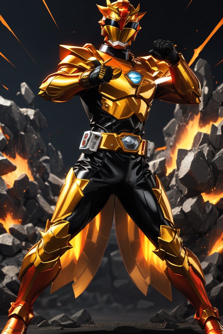 In a dynamic medium shot (1.3), the solo figure of super sentai stands out against a dark background with a wide-angle lens. He wears a suit of armor with gold accents, his helmet gleaming in high contrast to his black attire. In a powerful action pose, he gazes directly at the viewer (1.3) with an intense expression, his eyes burning with a fiery passion. The ultra-detailed 8K masterclass image is rendered with sharp focus, showcasing every detail of this tokusatsu hero's heroic stance.,gobuster