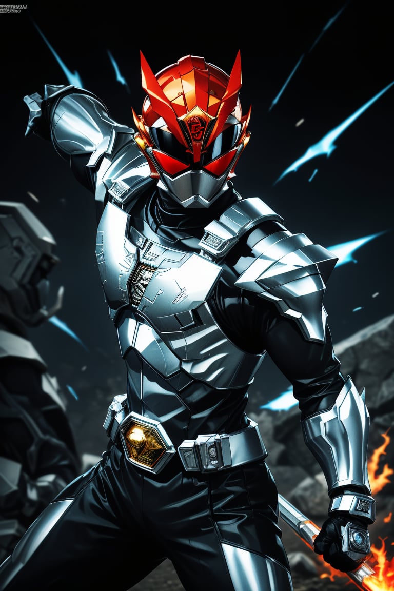 In a dynamic medium shot (1.3), the solo figure of super sentai stands out against a dark background with a wide-angle lens. He wears a suit of armor adorned with silver accents, his helmet gleaming in high contrast to his black attire. In a powerful action pose, he gazes directly at the viewer (1.3) with an intense expression, his eyes burning with a fiery passion. The ultra-detailed 8K masterclass image is rendered with sharp focus, showcasing every detail of this tokusatsu hero's heroic stance.,gobuster