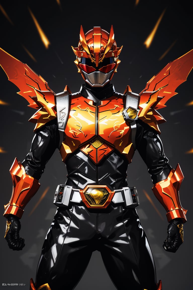 In a dynamic medium shot (1.3), the solo figure of super sentai stands out against a dark background with a wide-angle lens. He wears a suit of armor adorned with gold accents, his helmet gleaming in high contrast to his black attire. In a powerful action pose, he gazes directly at the viewer (1.3) with an intense expression, his eyes burning with a fiery passion. The ultra-detailed 8K masterclass image is rendered with sharp focus, showcasing every detail of this tokusatsu hero's heroic stance.,gobuster