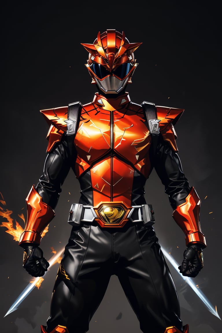 In a dynamic medium shot (1.3), the solo figure of super sentai stands out against a dark background with a wide-angle lens. He wears a suit of armor adorned with gold accents, his helmet gleaming in high contrast to his black attire. In a powerful action pose, he gazes directly at the viewer (1.3) with an intense expression, his eyes burning with a fiery passion. The ultra-detailed 8K masterclass image is rendered with sharp focus, showcasing every detail of this tokusatsu hero's heroic stance.,gobuster