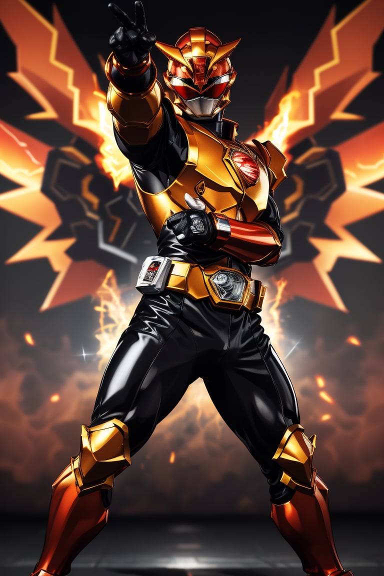 In a dynamic medium shot (1.3), the solo figure of super sentai stands out against a dark background with a wide-angle lens. He wears a suit of armor with gold accents, his helmet gleaming in high contrast to his black attire. In a powerful action pose, he gazes directly at the viewer (1.3) with an intense expression, his eyes burning with a fiery passion. The ultra-detailed 8K masterclass image is rendered with sharp focus, showcasing every detail of this tokusatsu hero's heroic stance.,gobuster