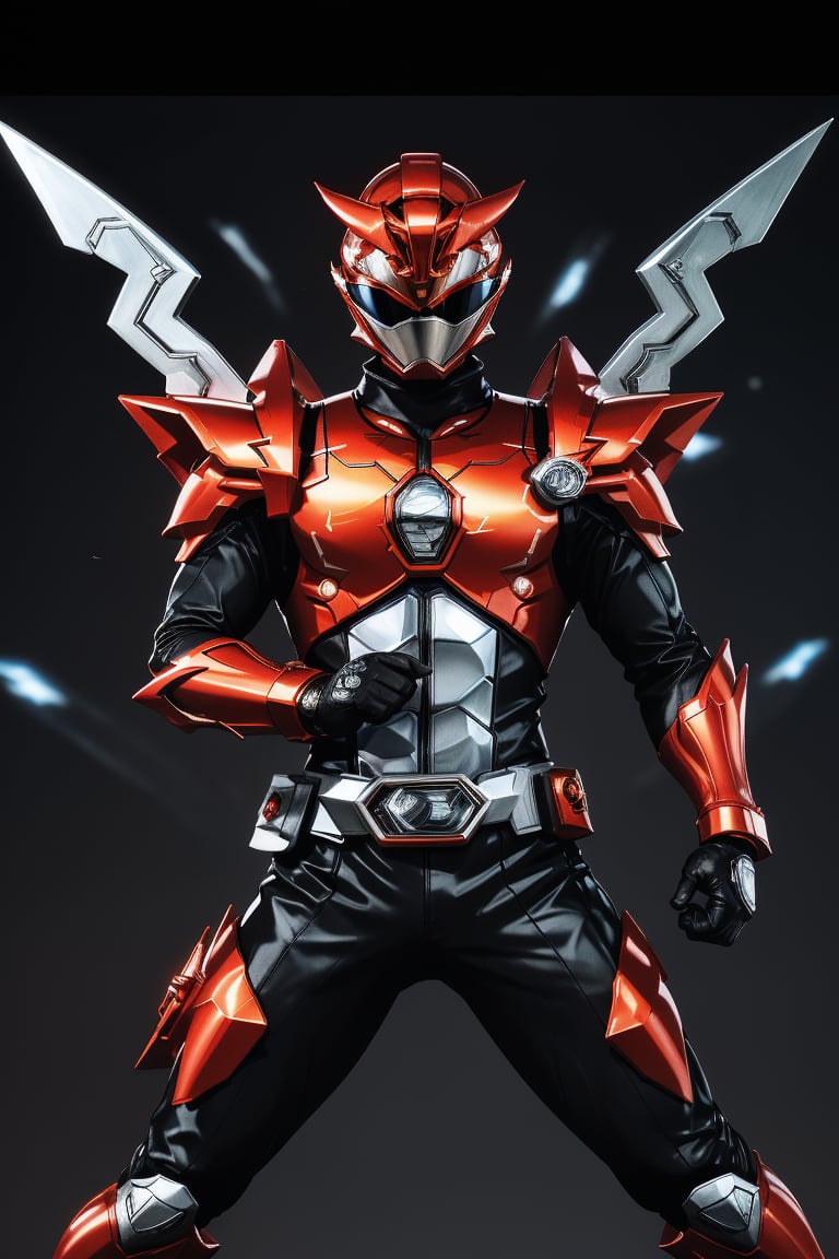 In a dynamic medium shot (1.3), the solo figure of super sentai stands out against a dark background with a wide-angle lens. He wears a suit of armor adorned with silver accents, his helmet gleaming in high contrast to his black attire. In a powerful action pose, he gazes directly at the viewer (1.3) with an intense expression, his eyes burning with a fiery passion. The ultra-detailed 8K masterclass image is rendered with sharp focus, showcasing every detail of this tokusatsu hero's heroic stance.,gobuster