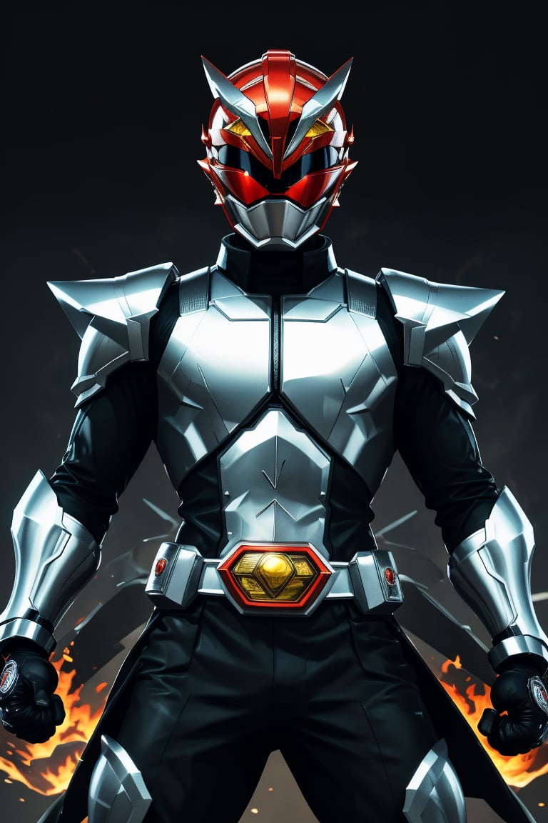 In a dynamic medium shot (1.3), the solo figure of super sentai stands out against a dark background with a wide-angle lens. He wears a suit of armor adorned with silver accents, his helmet gleaming in high contrast to his black attire. In a powerful action pose, he gazes directly at the viewer (1.3) with an intense expression, his eyes burning with a fiery passion. The ultra-detailed 8K masterclass image is rendered with sharp focus, showcasing every detail of this tokusatsu hero's heroic stance.,gobuster