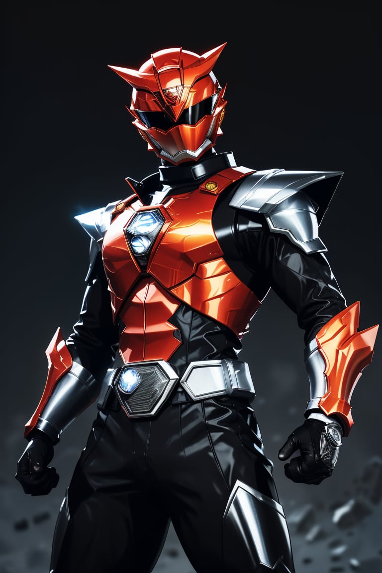 In a dynamic medium shot (1.3), the solo figure of super sentai stands out against a dark background with a wide-angle lens. He wears a suit of armor adorned with silver accents, his helmet gleaming in high contrast to his black attire. In a powerful action pose, he gazes directly at the viewer (1.3) with an intense expression, his eyes burning with a fiery passion. The ultra-detailed 8K masterclass image is rendered with sharp focus, showcasing every detail of this tokusatsu hero's heroic stance.,gobuster