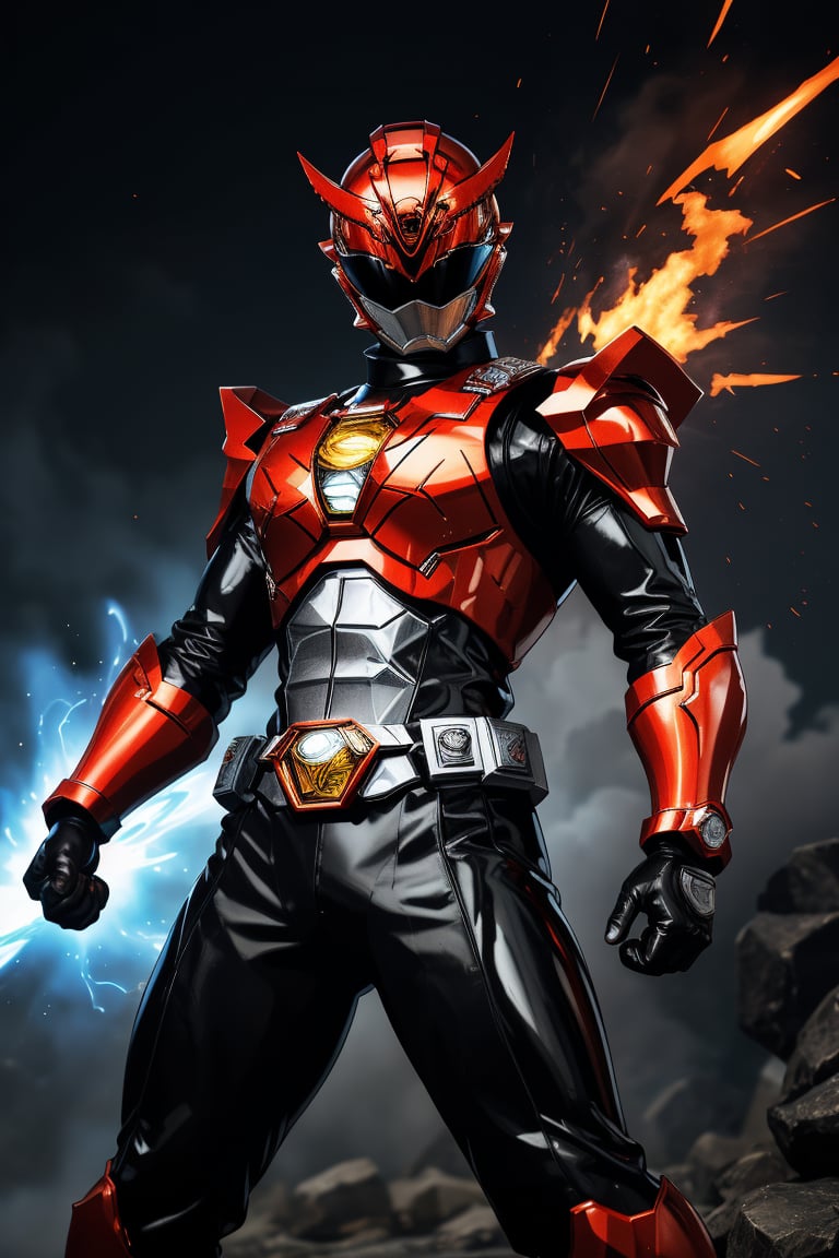 In a dynamic medium shot (1.3), the solo figure of super sentai stands out against a dark background with a wide-angle lens. He wears a suit of armor adorned with silver accents, his helmet gleaming in high contrast to his black attire. In a powerful action pose, he gazes directly at the viewer (1.3) with an intense expression, his eyes burning with a fiery passion. The ultra-detailed 8K masterclass image is rendered with sharp focus, showcasing every detail of this tokusatsu hero's heroic stance.,gobuster