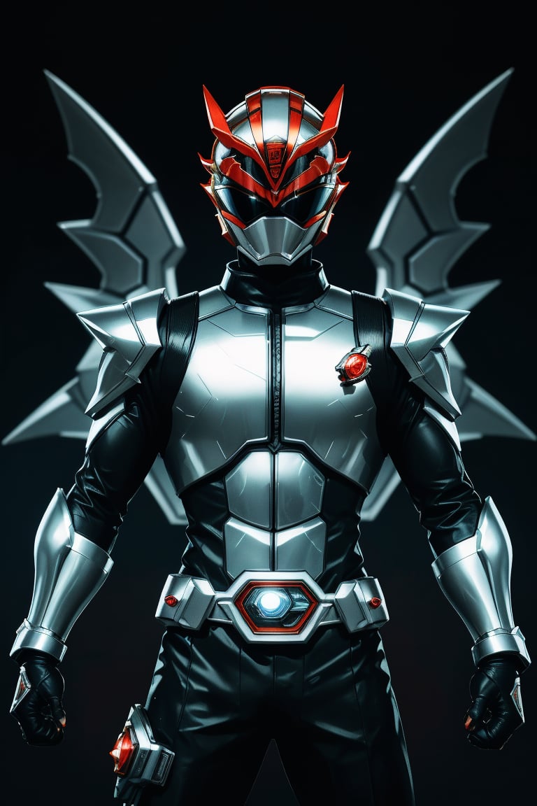 In a dynamic medium shot (1.3), the solo figure of super sentai stands out against a dark background with a wide-angle lens. He wears a suit of armor adorned with silver accents, his helmet gleaming in high contrast to his black attire. In a powerful action pose, he gazes directly at the viewer (1.3) with an intense expression, his eyes burning with a fiery passion. The ultra-detailed 8K masterclass image is rendered with sharp focus, showcasing every detail of this tokusatsu hero's heroic stance.,gobuster