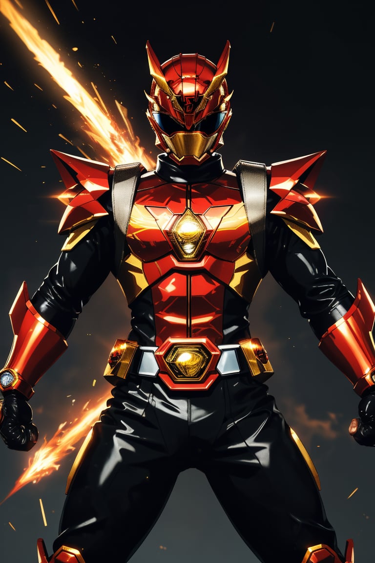 In a dynamic medium shot (1.3), the solo figure of super sentai stands out against a dark background with a wide-angle lens. He wears a suit of armor adorned with gold accents, his helmet gleaming in high contrast to his black attire. In a powerful action pose, he gazes directly at the viewer (1.3) with an intense expression, his eyes burning with a fiery passion. The ultra-detailed 8K masterclass image is rendered with sharp focus, showcasing every detail of this tokusatsu hero's heroic stance.,gobuster