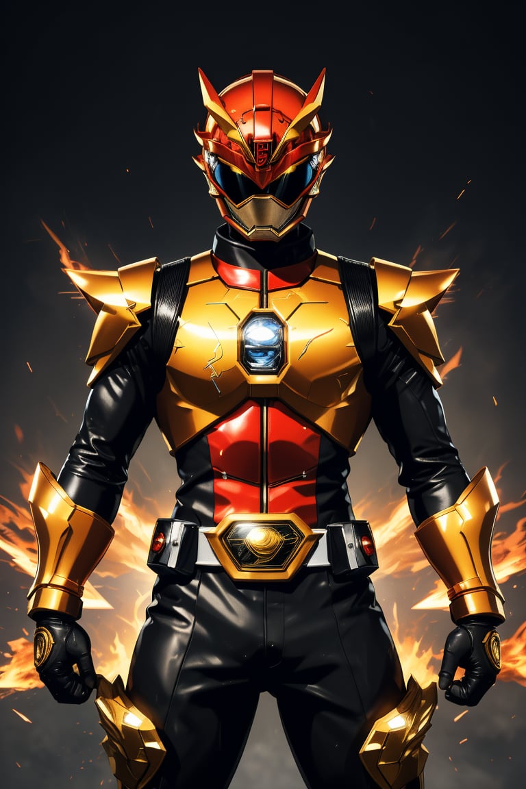 In a dynamic medium shot (1.3), the solo figure of super sentai stands out against a dark background with a wide-angle lens. He wears a suit of armor adorned with gold accents, his helmet gleaming in high contrast to his black attire. In a powerful action pose, he gazes directly at the viewer (1.3) with an intense expression, his eyes burning with a fiery passion. The ultra-detailed 8K masterclass image is rendered with sharp focus, showcasing every detail of this tokusatsu hero's heroic stance.,gobuster