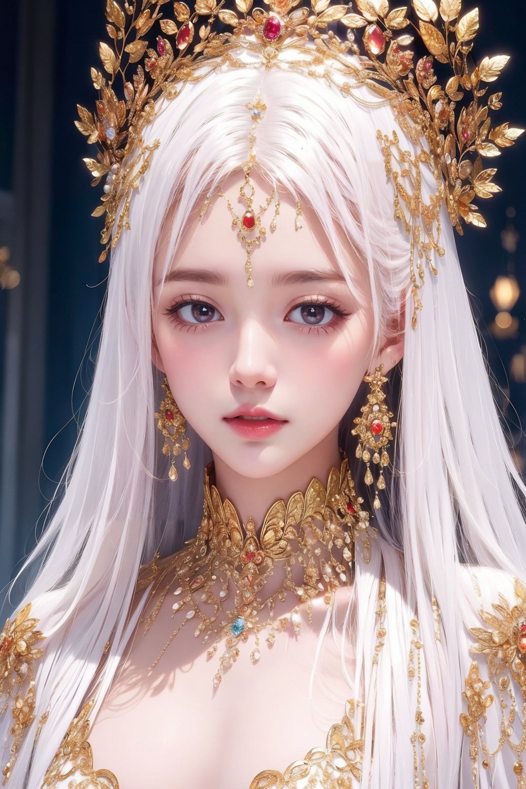 busty and sexy girl, 8k, masterpiece, ultra-realistic, best quality, high resolution, high definition,  The image portrays a person with striking white hair adorned by a golden headpiece and intricate jewelry. The overall aesthetic suggests a blend of regal elegance and fantasy. 