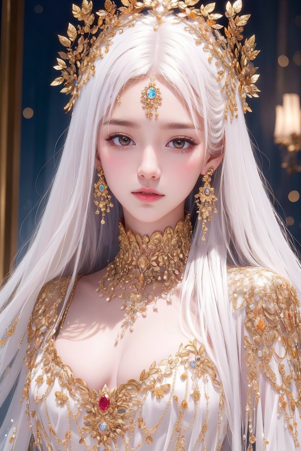 busty and sexy girl, 8k, masterpiece, ultra-realistic, best quality, high resolution, high definition,  The image portrays a person with striking white hair adorned by a golden headpiece and intricate jewelry. The overall aesthetic suggests a blend of regal elegance and fantasy. 