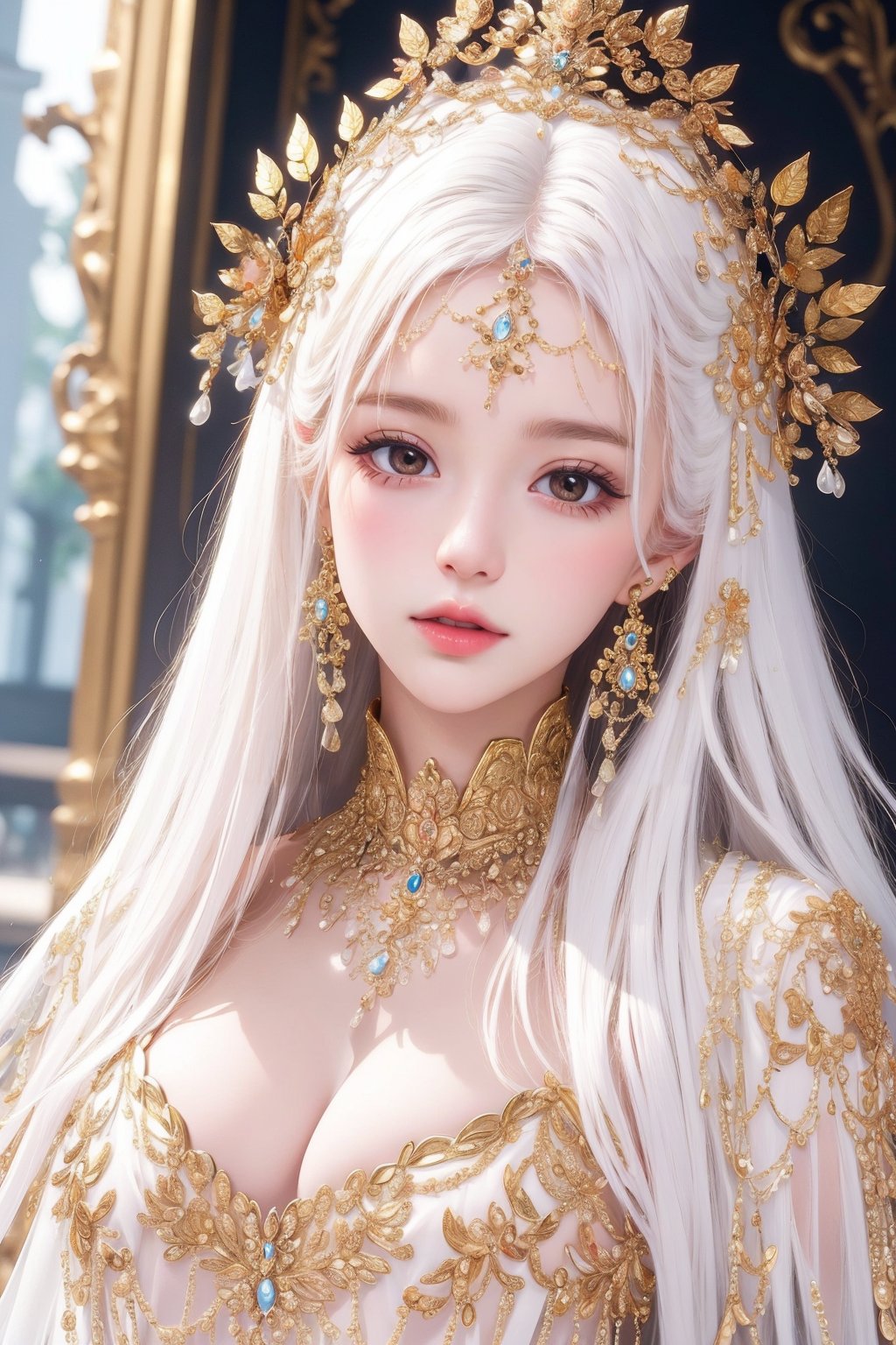 busty and sexy girl, 8k, masterpiece, ultra-realistic, best quality, high resolution, high definition,  The image portrays a person with striking white hair adorned by a golden headpiece and intricate jewelry. The overall aesthetic suggests a blend of regal elegance and fantasy. 