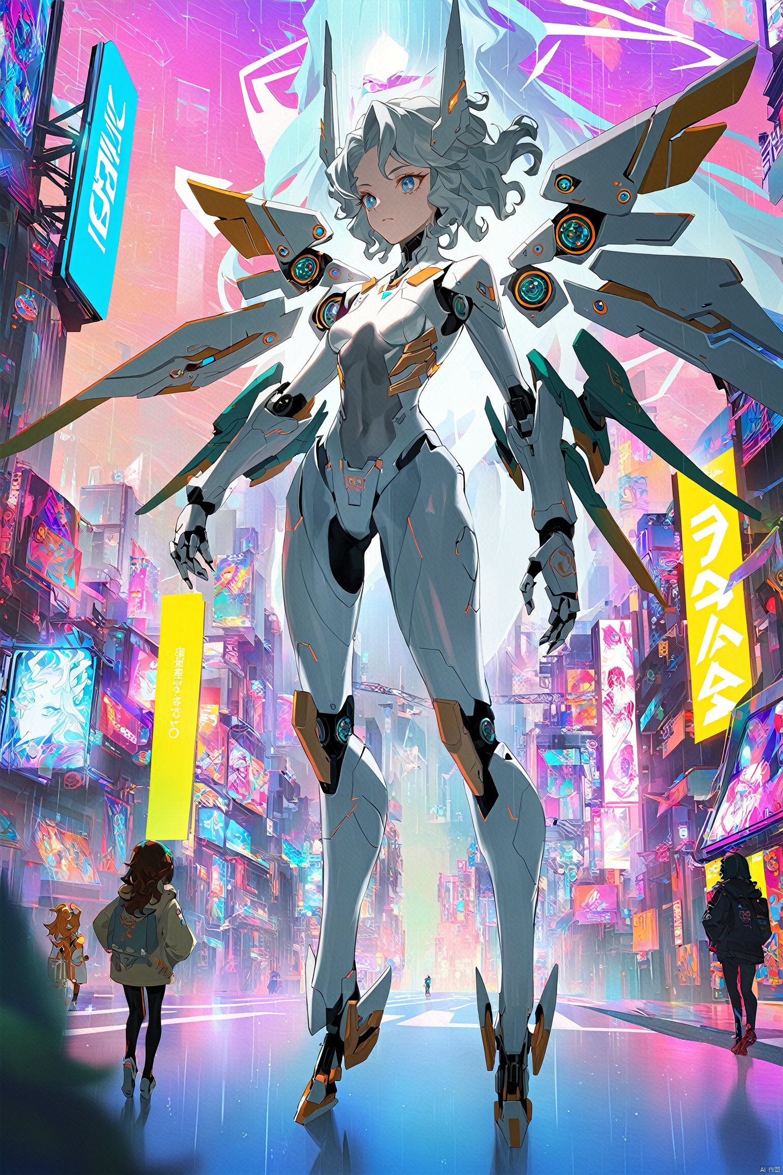 {{master piece}},best quality,illustration,1girl,small breast,beatiful detailed eyes,beatiful detailed cyberpunk city,t,beatiful detailed hair,wavy hair,beatiful detailed steet,mecha clothes,robot girl,cool movement,sliver bodysuit,{filigree},dargon wings,colorful background,a dragon stands behind the girl,rainy days,{lightning effect},beatiful detailed sliver dragon arnour,(cold face),myinv,(\lang lang\),tera kas,