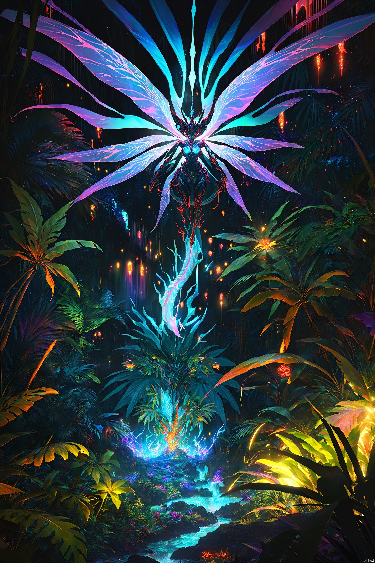 ,masterpiece,best quality,good structure,Good composition,good atomy,clear,original,dark fantasy artwork of an alien jungle at night,lit up with bioluminescence,extremely detailed,vibrant dark colors,saturated,high quality,masterpiece,found on artstation,breaktaking scenery,fantasy,science fiction,
