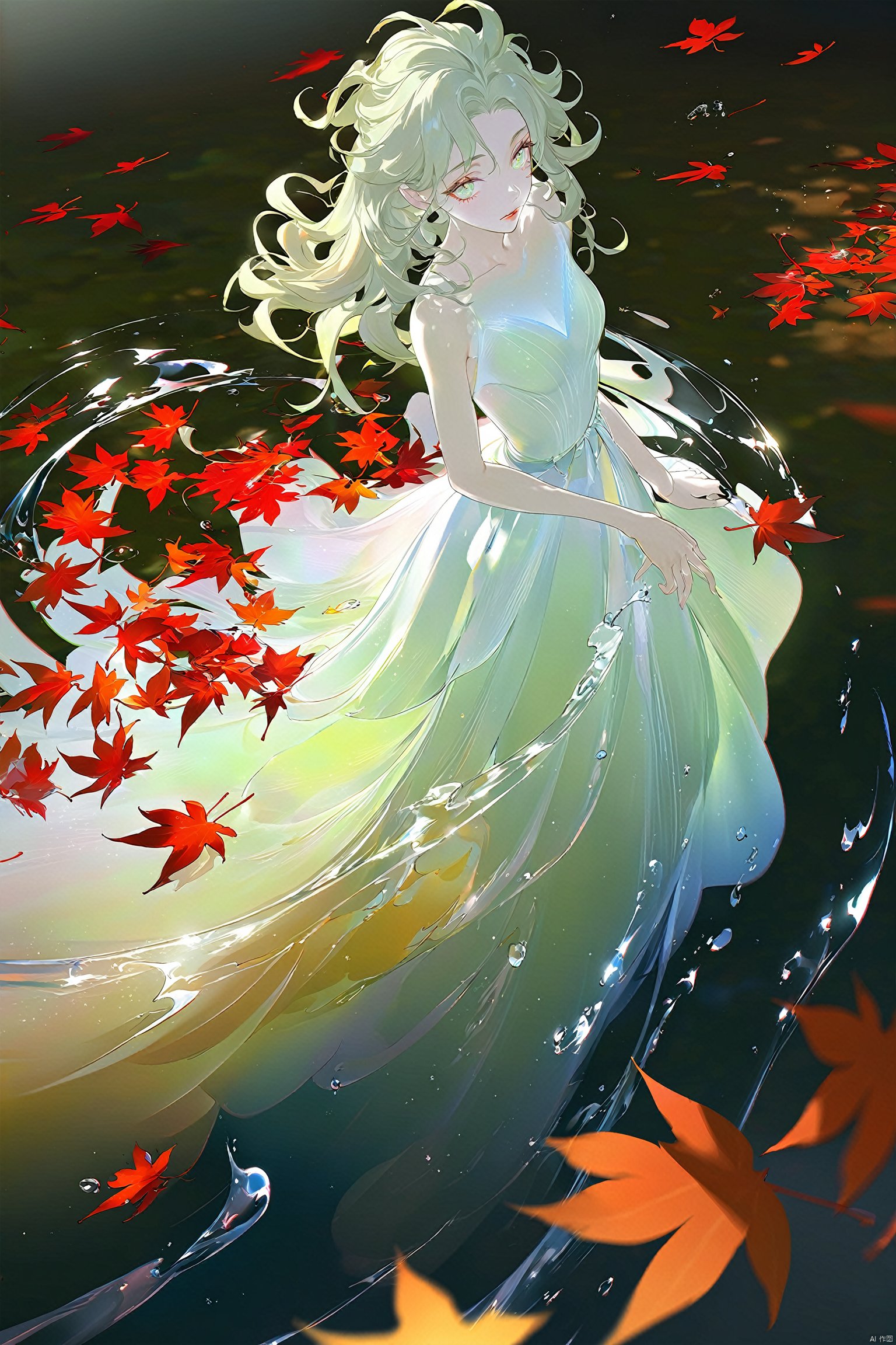 (masterpiece, top quality, best quality, official art,  
ambient lighting,ambient occlusion,professional artwork,1girl,detailed face,bright eyes,lips,full body,slim and graceful,tenderness and quiet,pastel tulle dress,long and messy hair,in autumn,wait quietly,purified water,Falling Red Leaves,depth of field,by Mandy Walker,