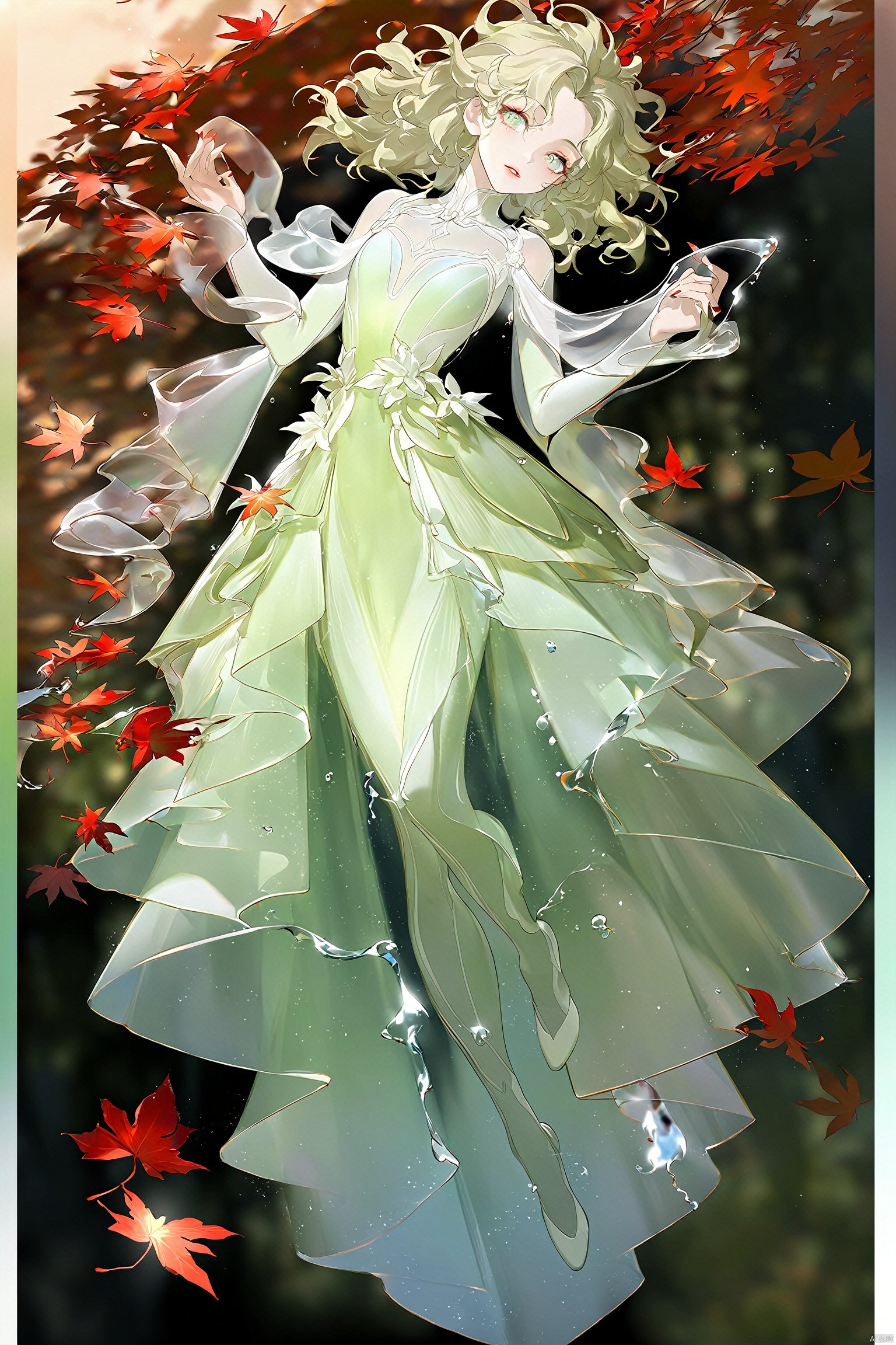 (masterpiece, top quality, best quality, official art,  
ambient lighting,ambient occlusion,professional artwork,1girl,detailed face,bright eyes,lips,full body,slim and graceful,tenderness and quiet,pastel tulle dress,long and messy hair,in autumn,wait quietly,purified water,Falling Red Leaves,depth of field,by Mandy Walker,