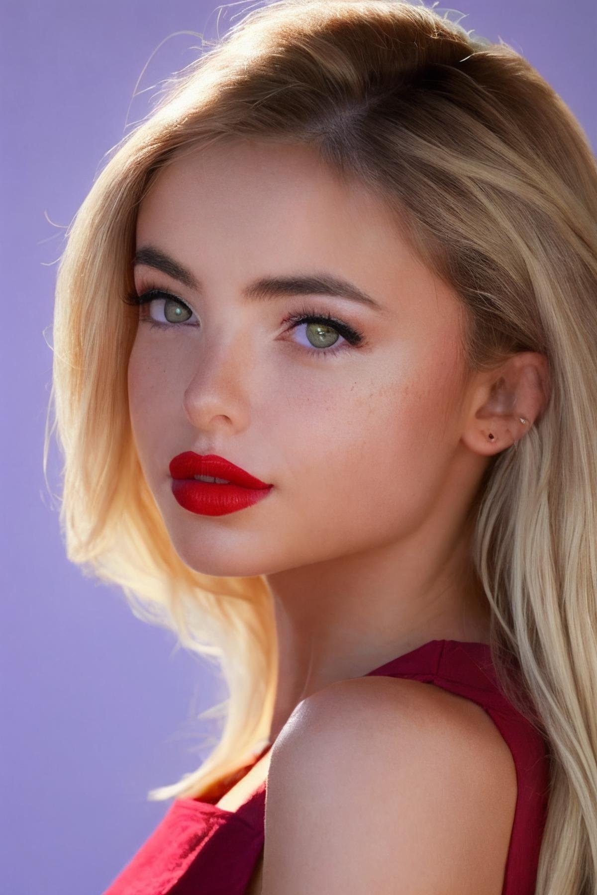 <lora:SC-Emma_Kotos:1>, photo of esk0t0s, from side, perfect hair upsweep updo, smile, (modern photo), red dress, (plain Periwinkle background:1.2), 85mm, film grain, detailed eyes, red lipstick, looking back at viewer, (cinematic shot:1.3), epiCRealism, epiCPhoto, PA7_Portrait-HL_v2