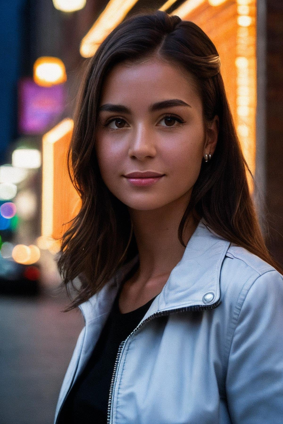 <lora:SC-Coco_Nady:0.85>, photo of n4dyc0c0, smile, upper body, posing, vintage photo, leather jacket, red shirt, Century Camera Co. Studio, 160mm f/8, 1/10s, ISO 25, film grain, on Broadway street, night, happy, epiCRealism, epiCPhoto