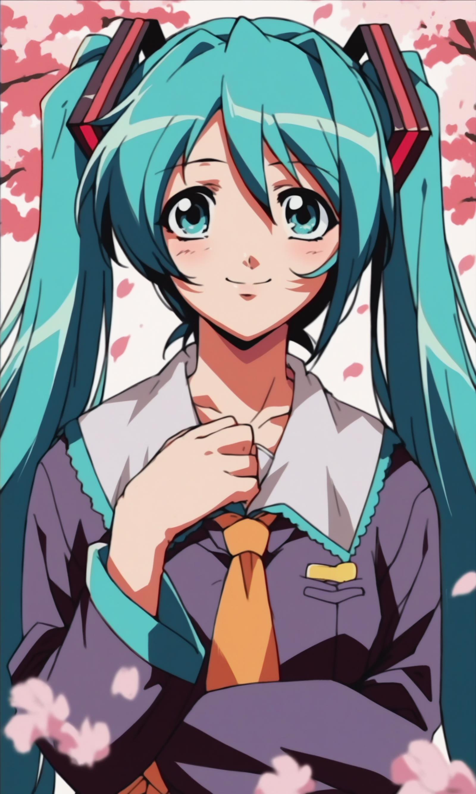 (score_9,score_8_up,score_7_up),source_anime,1990s anime,1girl,solo,hatsune miku,hand on own chest,sakura,cherry blossoms,auqa hair,looking at viewer,school uniform,hair ornament,hanami,smile,