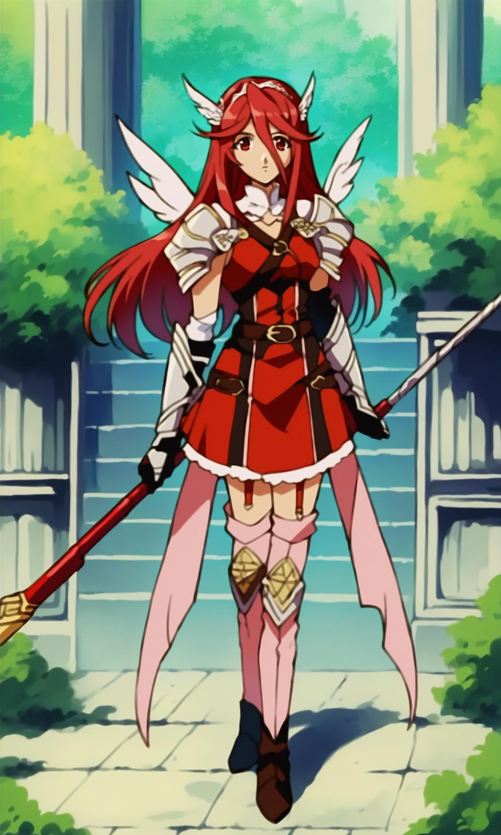 (score_9,score_8_up,score_7_up),source_anime,1990s anime,1girl,cordelia \(fire emblem\),fire emblem,fire emblem awakening,red hair,red eyes,long hair,hair between eyes,wing hair ornament,pegasus knight uniform \(fire emblem\),red short dress,sleeveless,gauntlets,red elbow gloves,shoulder armor,belt,zettai ryouiki,garter straps,pink thighhighs,red thigh boots,standing,cowboy shot,looking at viewer,holding polearm,brave lance,outdoors,