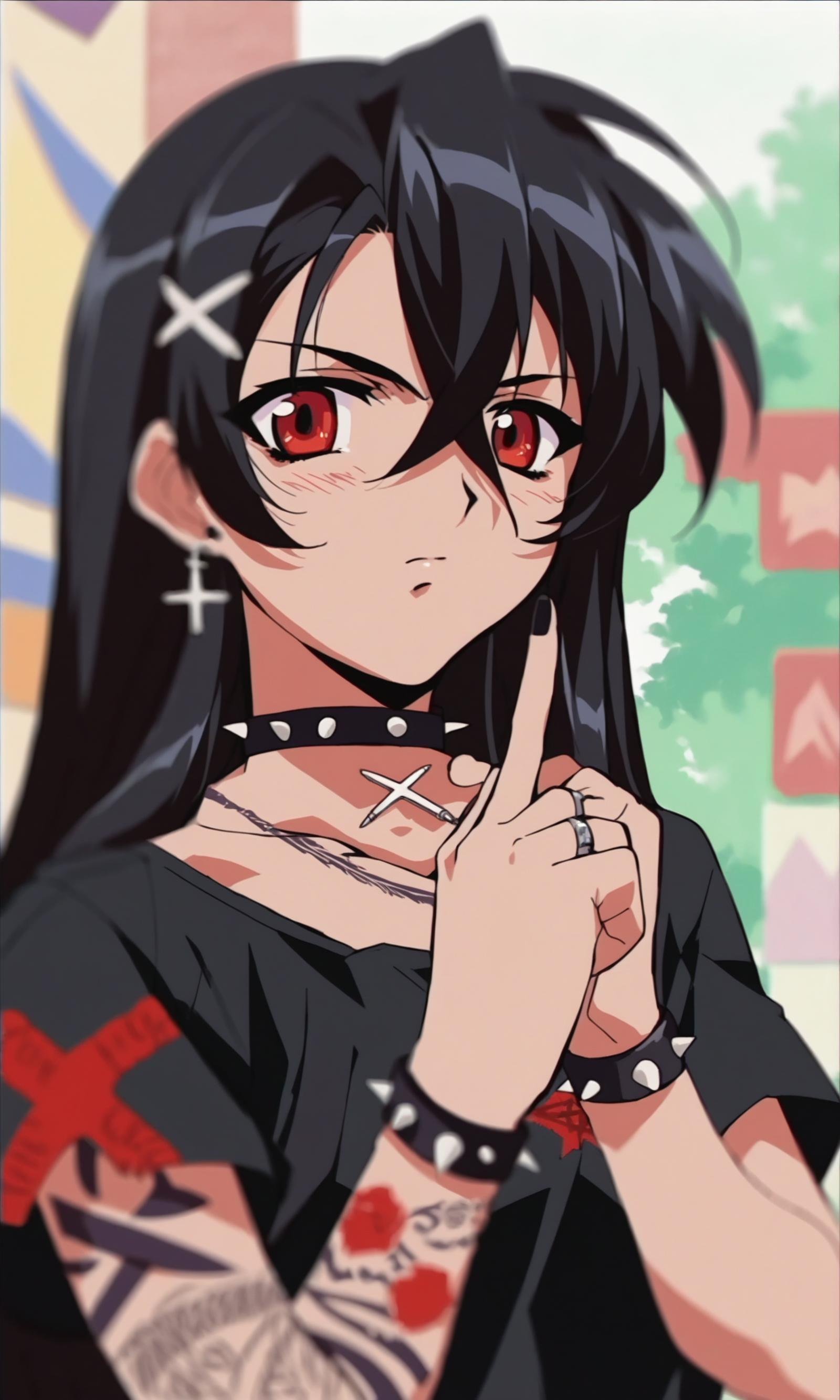 (score_9,score_8_up,score_7_up),source_anime,1990s anime,1girl,jewelry,solo,red eyes,black hair,long hair,shirt,black shirt,spikes,black nails,earrings,looking at viewer,hair ornament,short sleeves,blurry background,upper body,ring,closed mouth,necklace,tattoo,ear piercing,hair between eyes,bracelet,blurry,crossed bangs,nail polish,star of david,hand up,piercing,cross,blush,choker,hexagram,collar,arm tattoo,punk,outdoors,index finger raised,spiked bracelet,hairclip,t-shirt,multiple rings,spiked collar,black choker,full body,