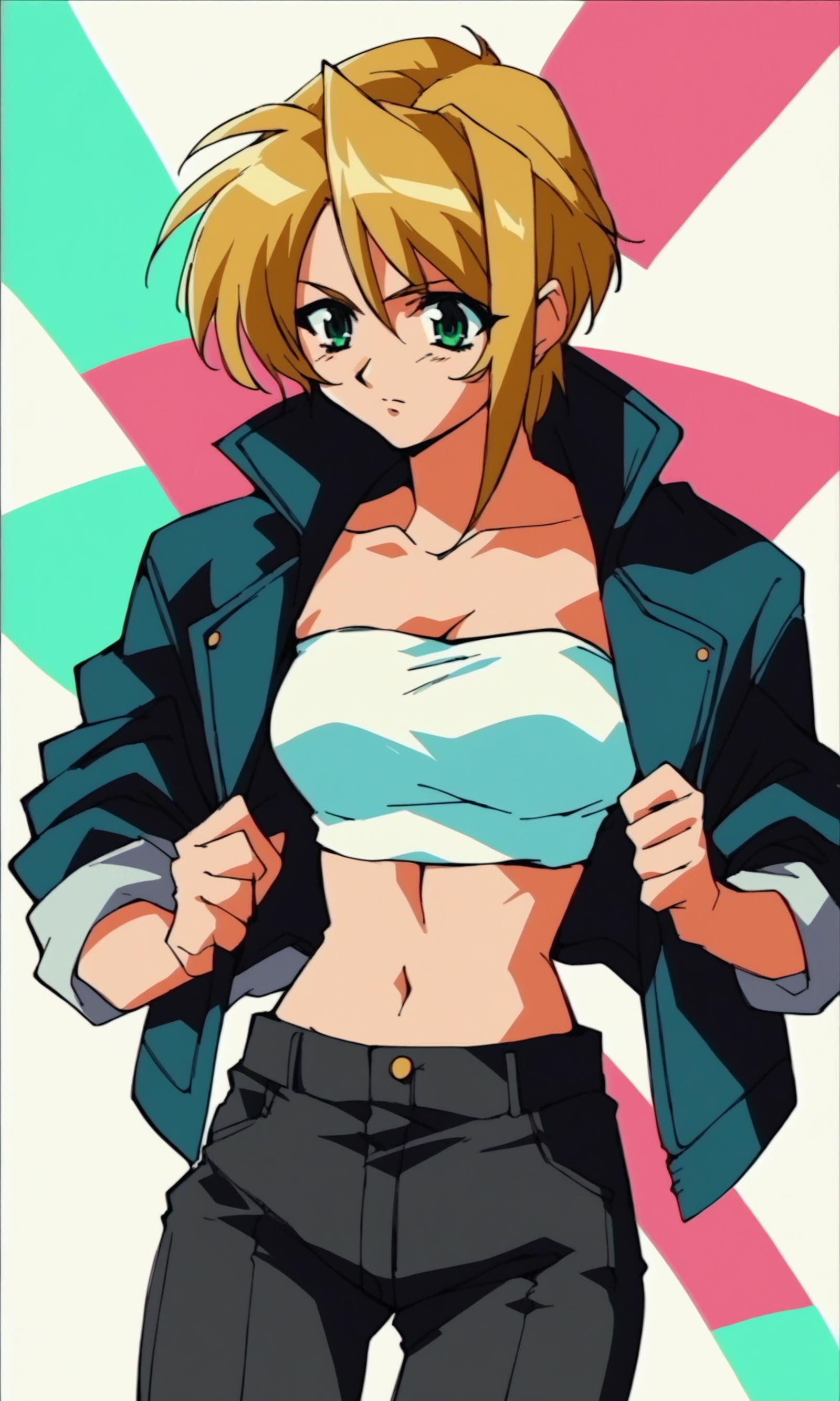 (score_9,score_8_up,score_7_up),source_anime,1990s anime,1girl, sexy girl, blonde hair, green eyes, short hair, jean jacket, tube top, midriff, black pants,