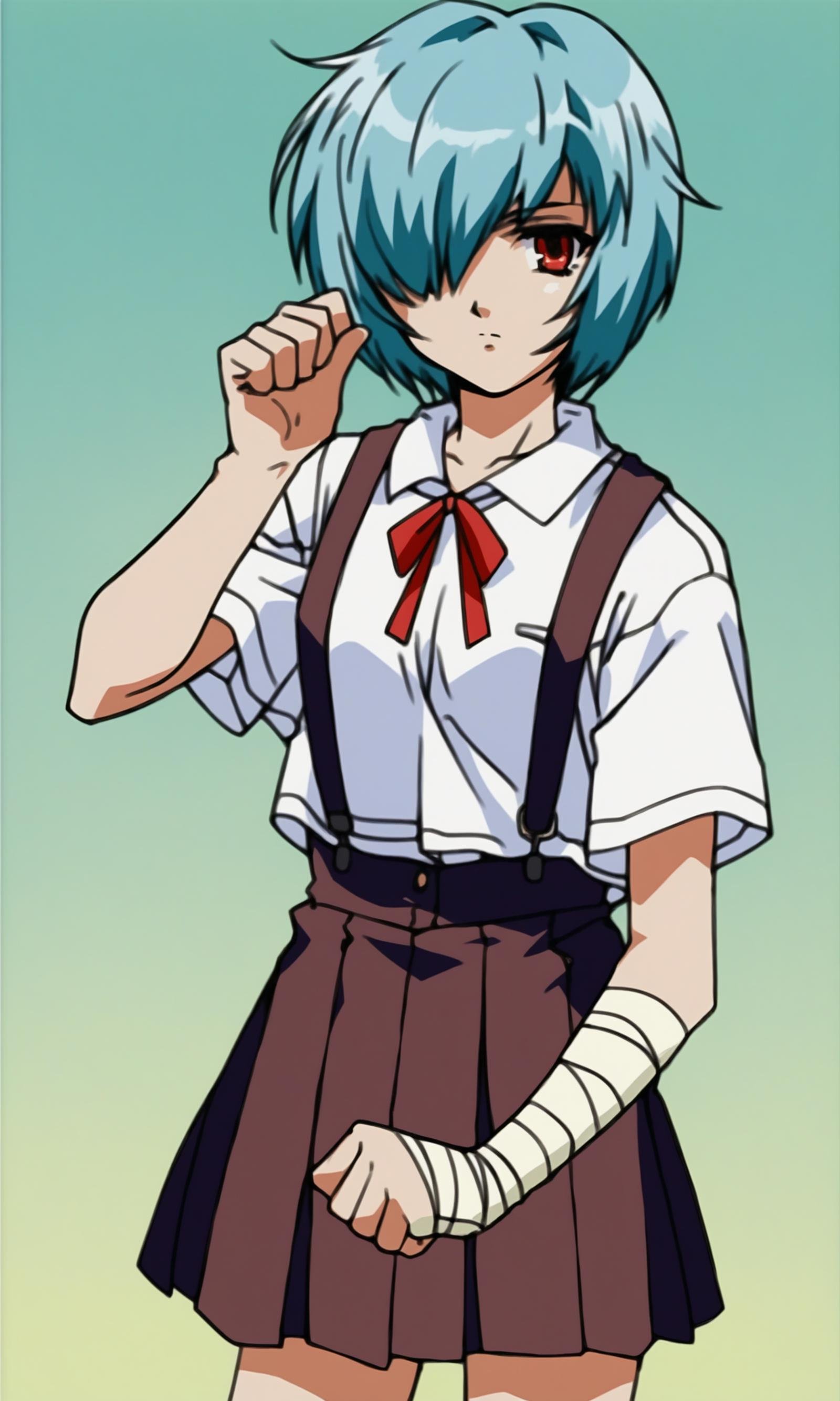 (score_9,score_8_up,score_7_up),source_anime,1990s anime,1girl,ayanami rei,short hair,blue hair,bandages,school uniform,solo,bandage over one eye,red eyes,ribbon,looking at viewer,tokyo-3 middle school uniform,shirt,short sleeves,closed mouth,neck ribbon,clenched hand,white shirt,cowboy shot,hand up,skirt,red ribbon,bandaged head,suspender skirt,expressionless,bangs,collarbone,signature,standing,bow,suspenders,arm at