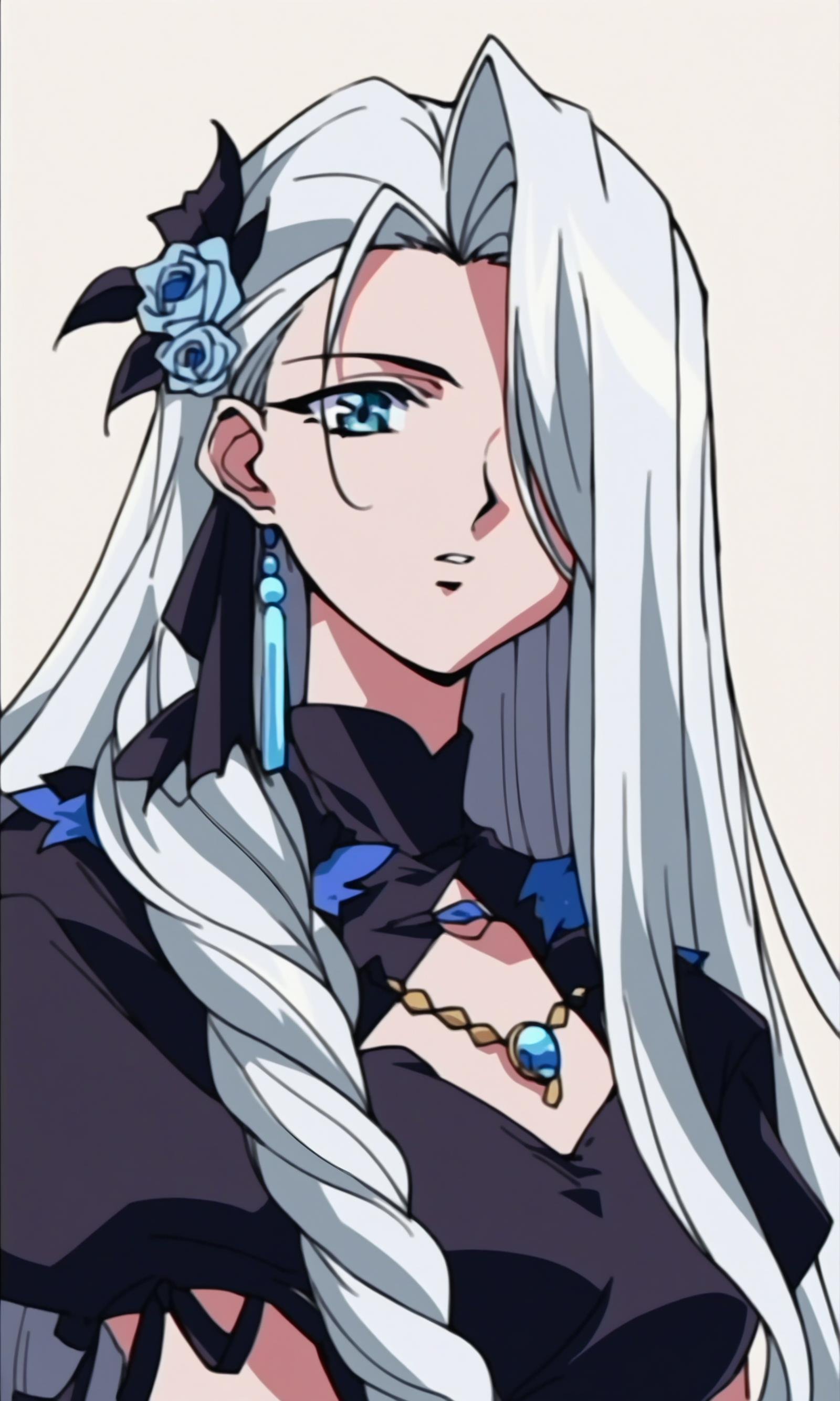 (score_9,score_8_up,score_7_up),source_anime,1990s anime,1girl,long hair,very long hair,white hair,braid,hair over one eye,braided ponytail,braided bangs,one eye covered,side locks,beautiful eyes,lilac eyes,black dress,proposal,jewelry,solo focus,