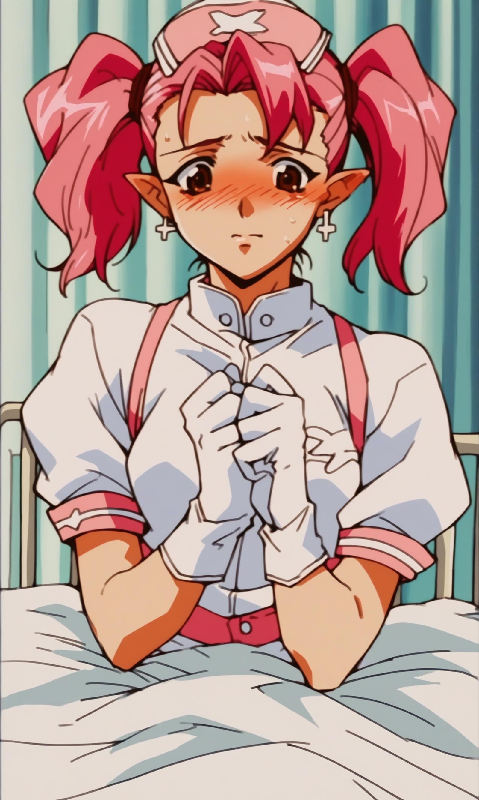 (score_9,score_8_up,score_7_up),source_anime,1990s anime,1girl, dolce, brown eyes, pointy ears, white gloves, earrings, pink hair, twintails, hospital, on bed, nurse outfit, nurse cap, blush, embarrassed