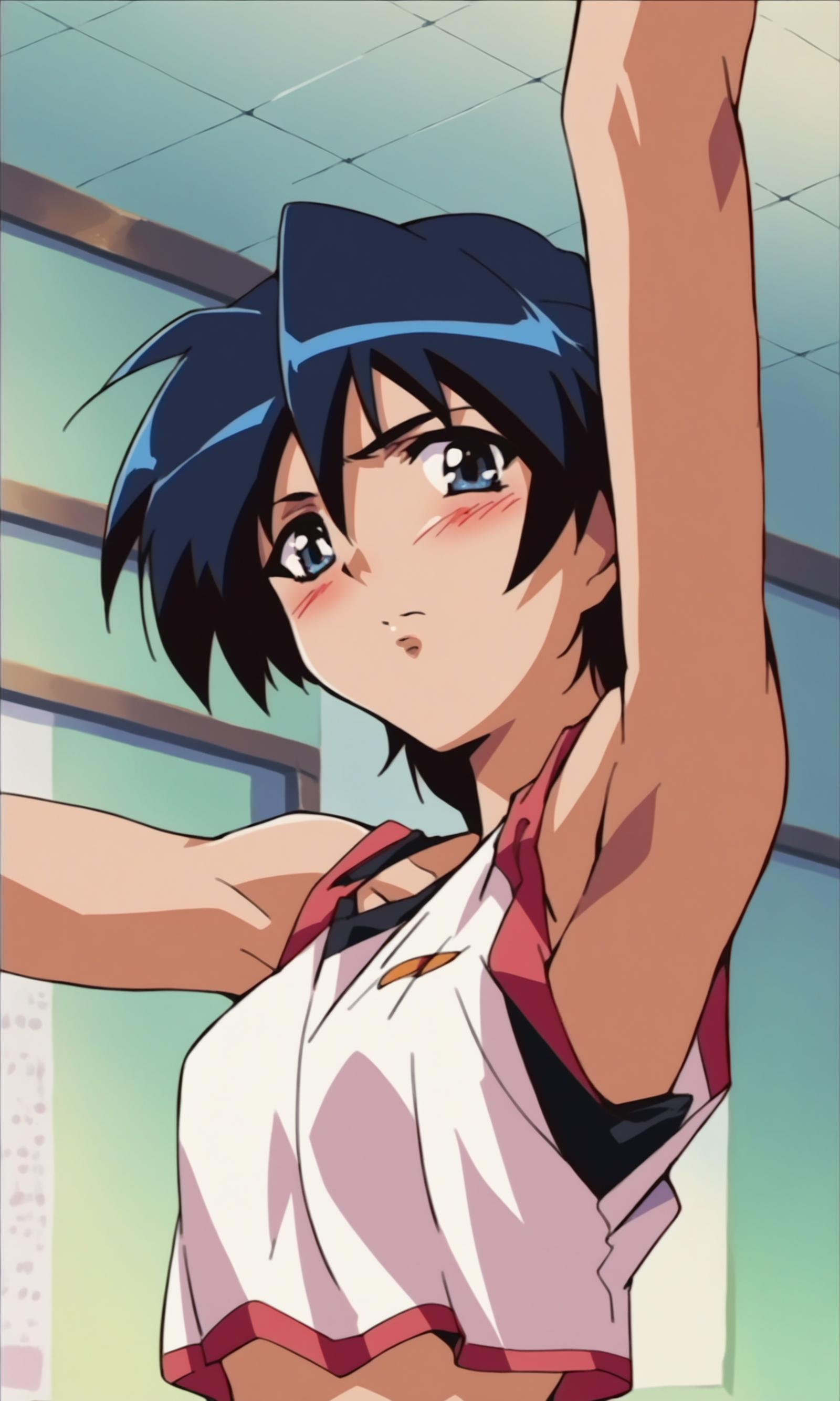 (score_9,score_8_up,score_7_up),source_anime,1990s anime,1girl,saitou,indoors,armpits,blush,looking at viewer,