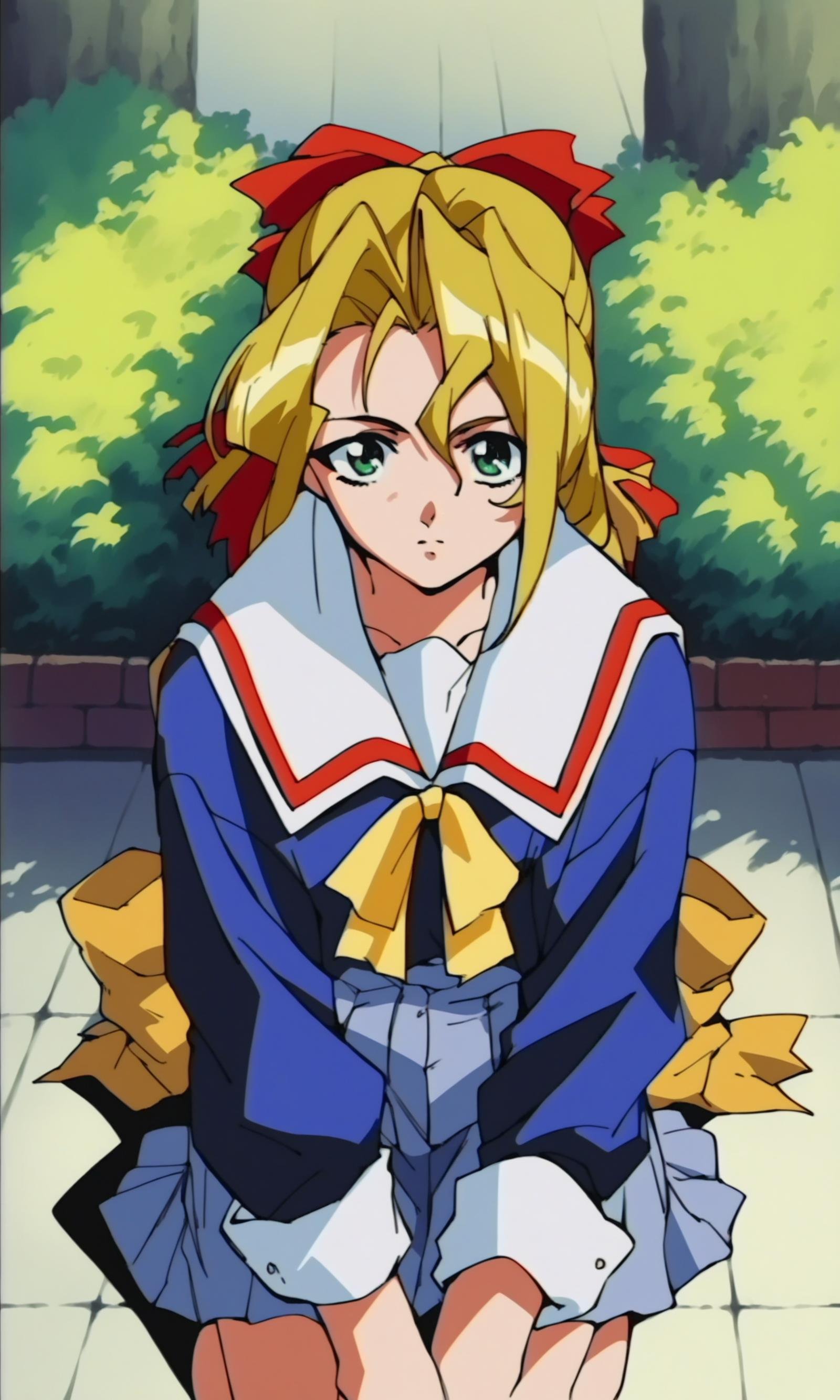 (score_9,score_8_up,score_7_up),source_anime,1990s anime,1girl,yellow hair bows,school uniform,kneeling,looking at viewer,green eyes,sitting,