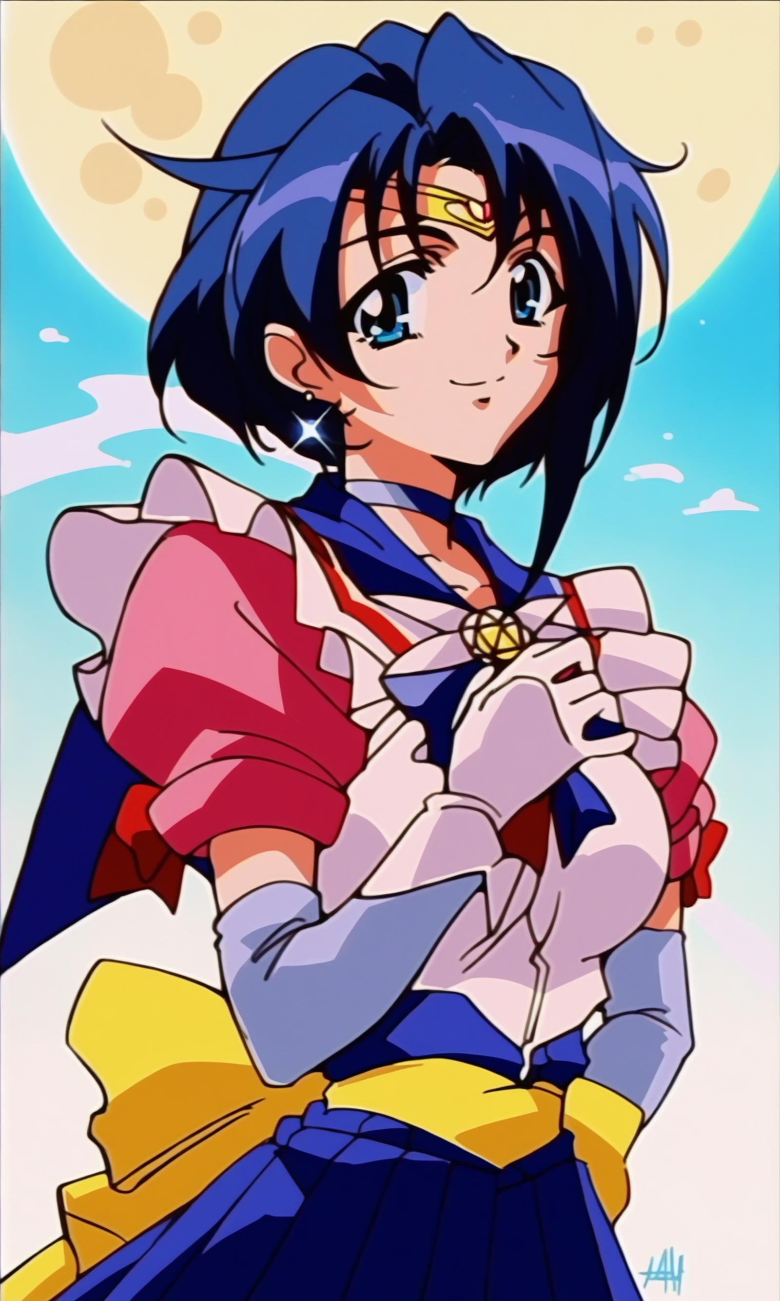 (score_9,score_8_up,score_7_up),source_anime,1990s anime,1girl,solo,sailor senshi uniform,gloves,magical girl,blue eyes,skirt,choker,bow,short hair,tiara,blue hair,jewelry,elbow gloves,sailor collar,white gloves,sailor mercury,earrings,blue skirt,smile,blue sailor collar,full moon,blue choker,mizuno ami,brooch,hand on own chest,pleated skirt,circlet,water,sky,looking at viewer,retro artstyle,