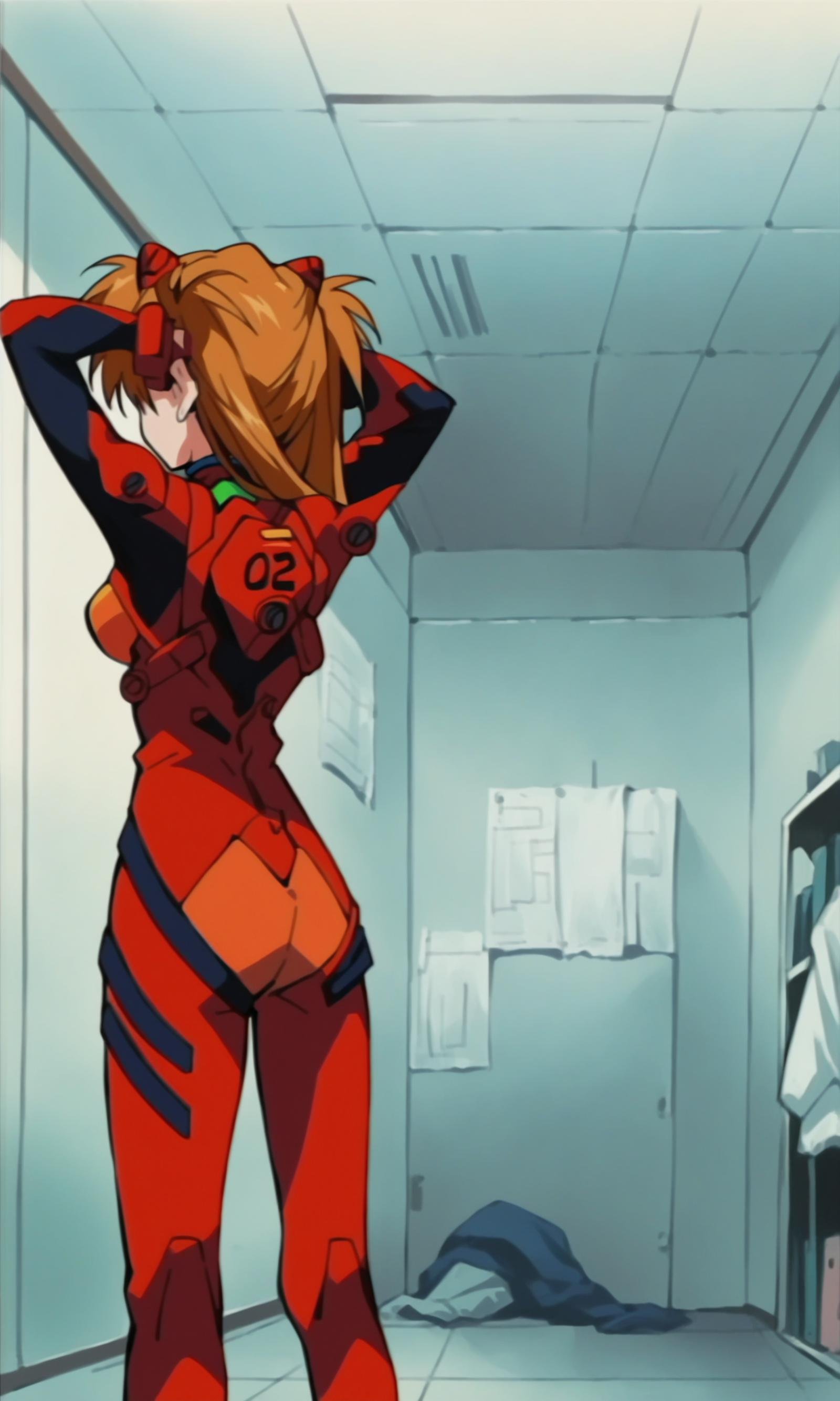 (score_9,score_8_up,score_7_up),source_anime,1990s anime,1girl,souryuu asuka langley,neon genesis evangelion,solo,indoors,changing room,arms behind head,cowboy shot, interface headset,red bodysuit,