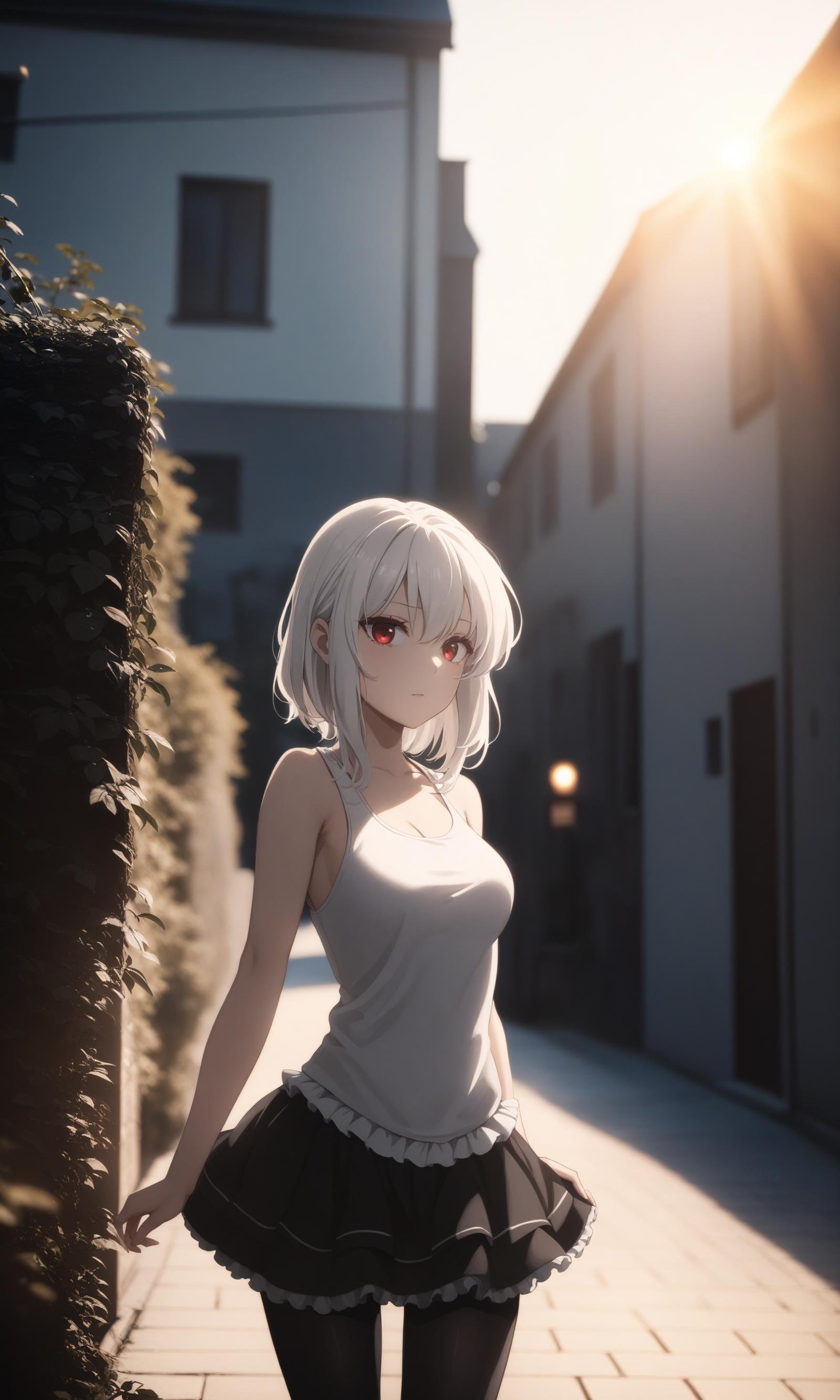 anime art style,masterpiece,best quality,Film grain,1girl,black legwear,frilly skirt,tank top,white hair,red eyes,outdoors,volumetric lighting