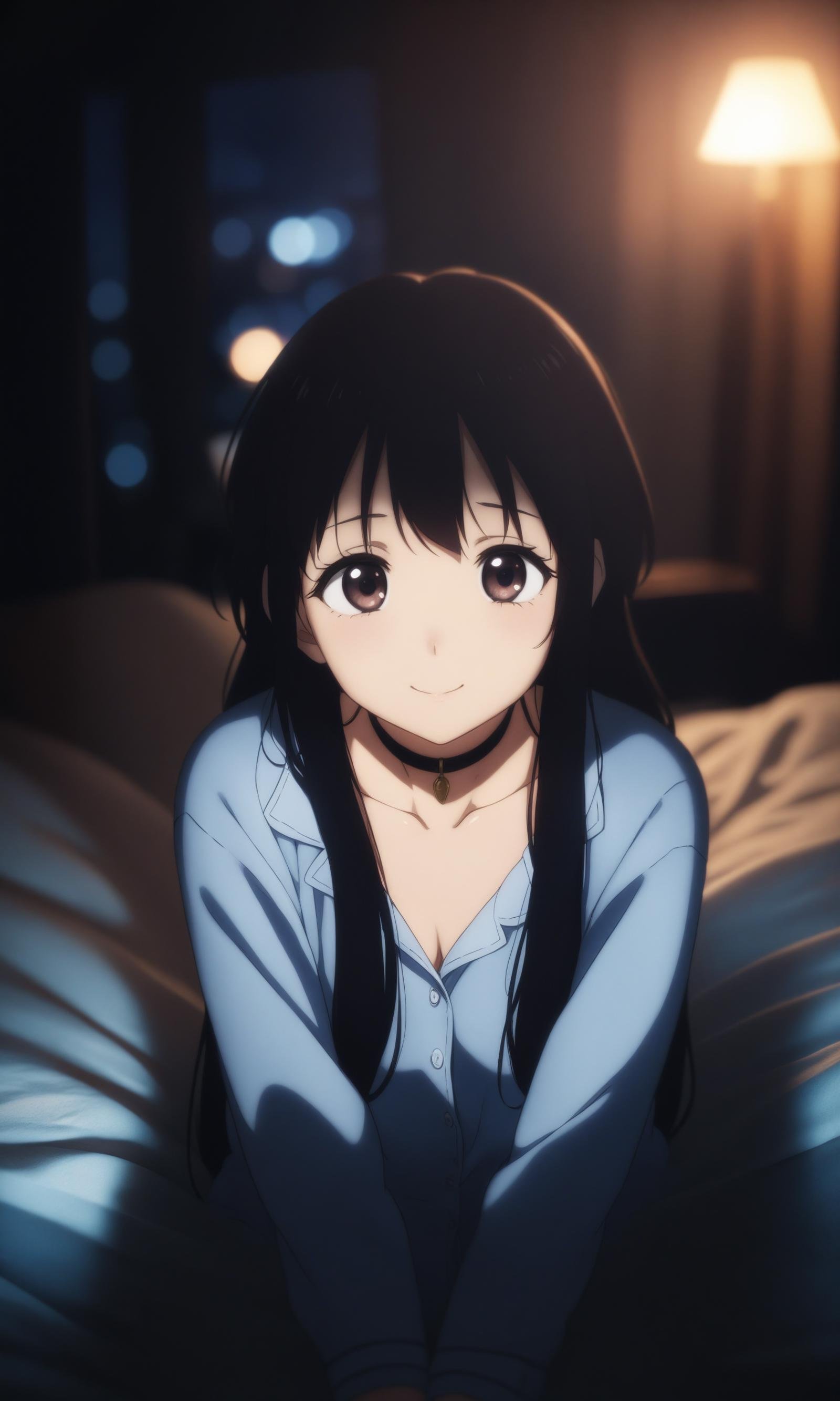 anime,amazing quality,masterpiece,best quality,awesome,inspiring,cinematic composition,soft shadows,Film grain,shallow depth of field,highly detailed,high budget,cinemascope,epic,OverallDetail,color graded cinematic,atmospheric lighting,imperfections,natural,shallow dof,1girl,pov_across_bed,looking at viewer,smile,exhausted,hina amano,long hair,hair down,choker,pajamas,lying,on bed,indoors,night,apartment,dark room,skyline,