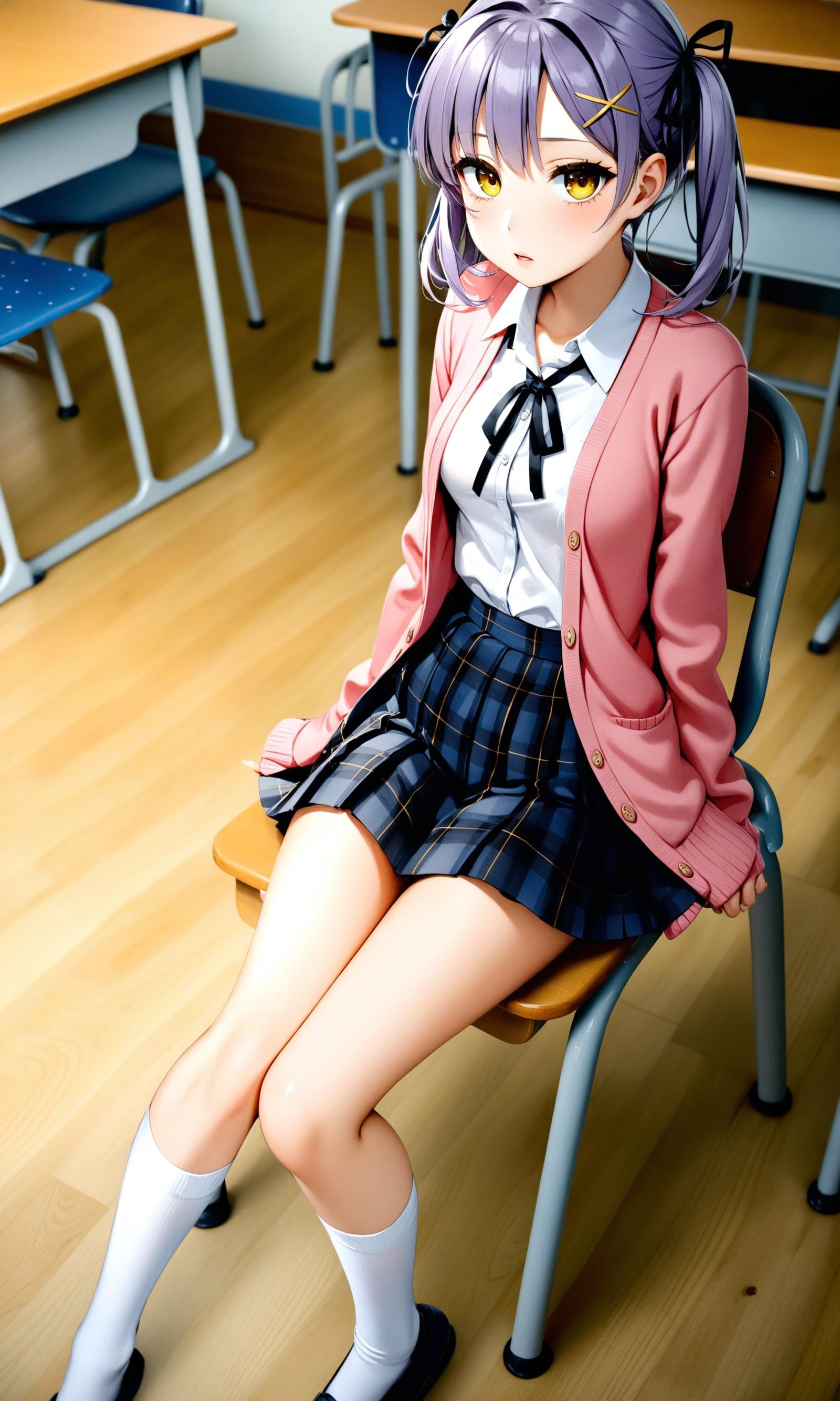 masterpiece,best quality,1girl, solo, skirt, hair ornament, desk, yellow eyes, shirt, indoors, school desk, sitting, x hair ornament, blush, sleeves past wrists, ribbon, plaid, looking at viewer, pleated skirt, long sleeves, hair ribbon, plaid skirt, wooden floor, socks, black ribbon, collared shirt, twintails, white socks, purple hair, open clothes, parted lips, cardigan, black skirt, pink cardigan, grey hair, school uniform, feet out of frame, hairclip, jacket, pillow, chair, school chair, white shirt, table, pink jacket