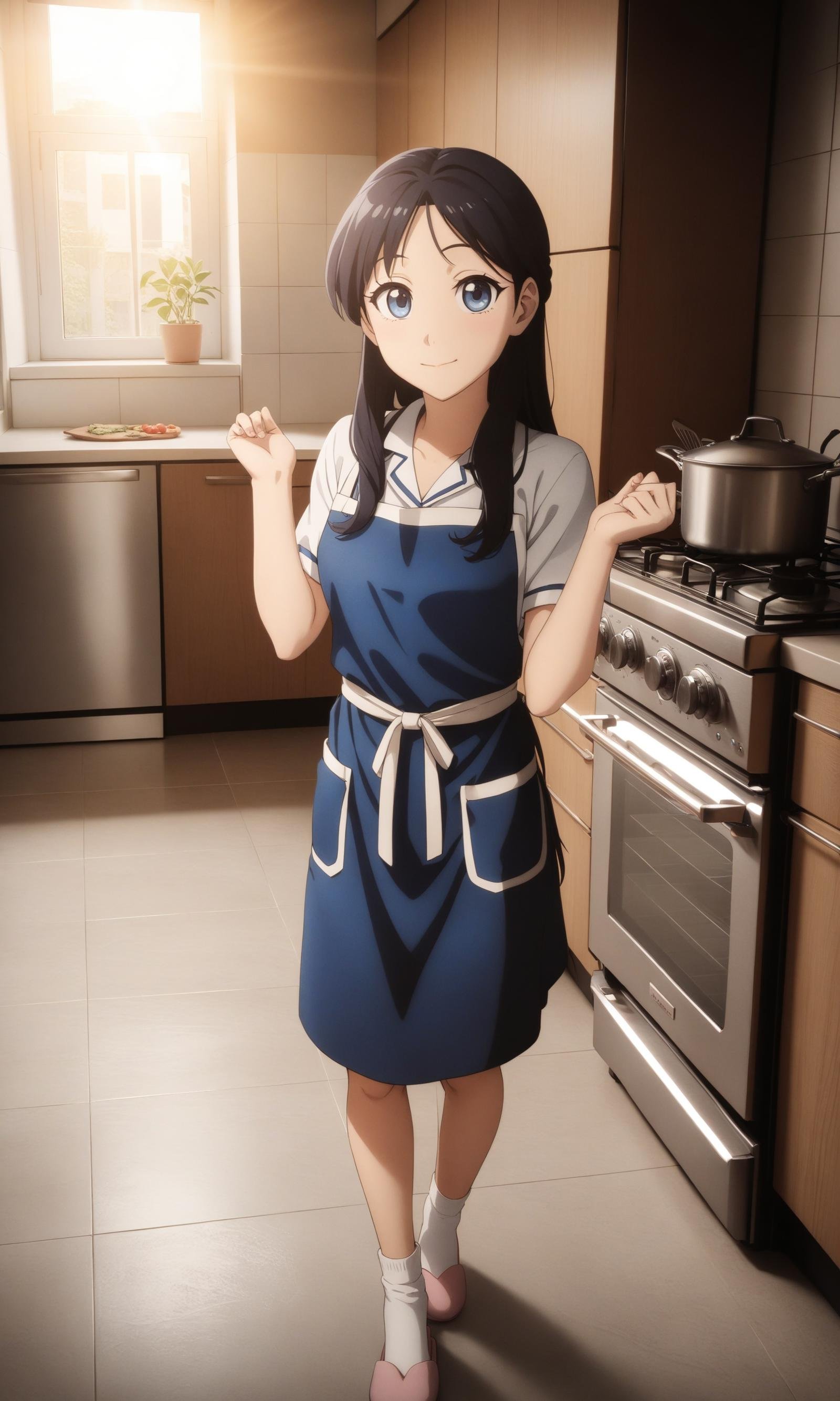 anime art style,masterpiece,best quality,Film grain,1girl,solo,long hair,parted bangs,blue eyes,apron,white socks,slippers,happy pose,JPkitchen,kitchen,looking at viewer,day,indoors,