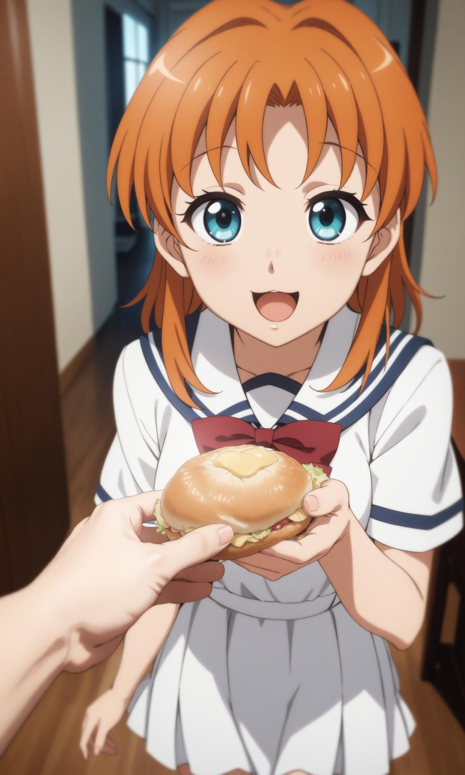 anime art style,masterpiece,best quality,Film grain,1girl,hinoshita kaho,orange hair,medium hair,cyan eyes,school uniform,serafuku,white dress,white collar,red bowtie,feeding viewer,offering food,pov,happy,smile,open mouth,