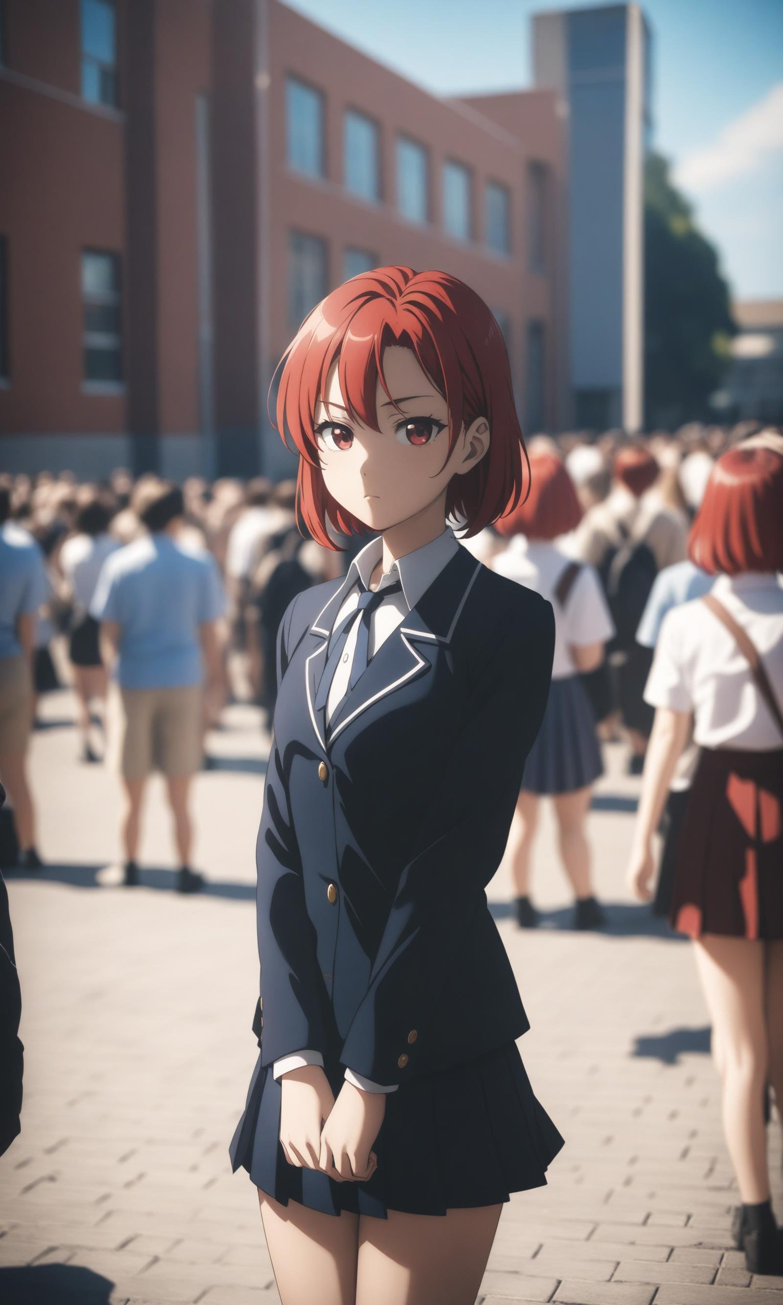 anime art style,masterpiece,best quality,Film grain,natural,1girl,solo,red hair,short hair,school uniform,outdoors,day,6+others,scenery,crowd,cowboy shot,looking at viewer,