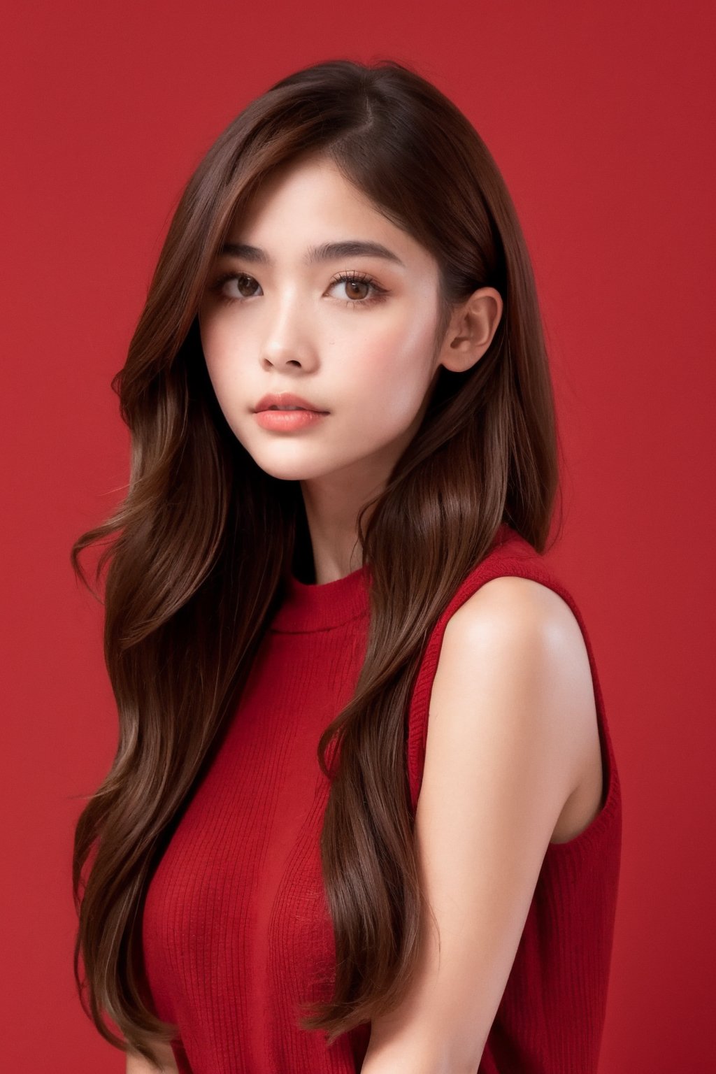 portrait of niky, long curl brown hair, sleeveless sweater,simple red background, half shot 