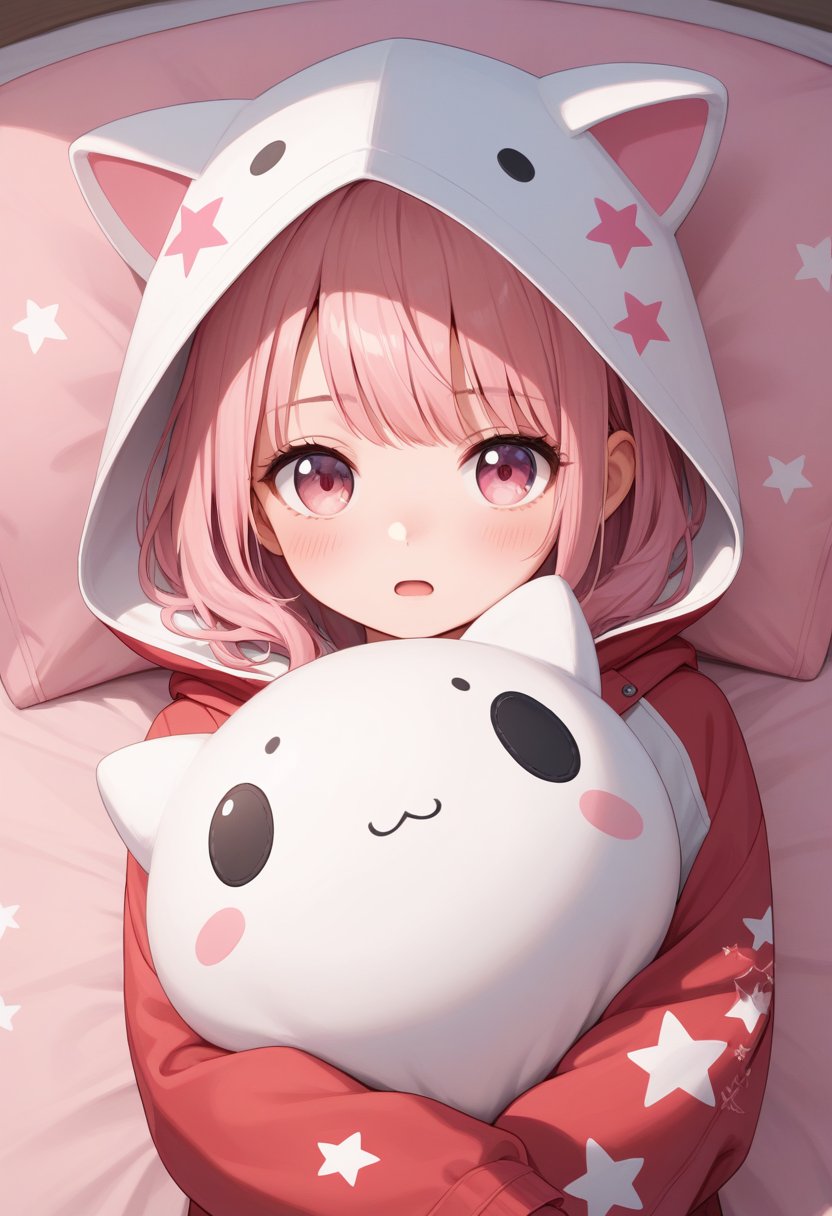 score_9, score_8_up, score_7_up, score_6_up, , score_5_up, , score_4_up, 
BREAK , 

masterpiece, best quality, 1girl, solo, looking at viewer, blush, open mouth, bangs, long sleeves, jacket, pink hair, hood, pink eyes, star \(symbol\), :o, sleeves past wrists, hooded jacket, red jacket, hood up, star print. upper body, pov, pink room, hugging doll, from above