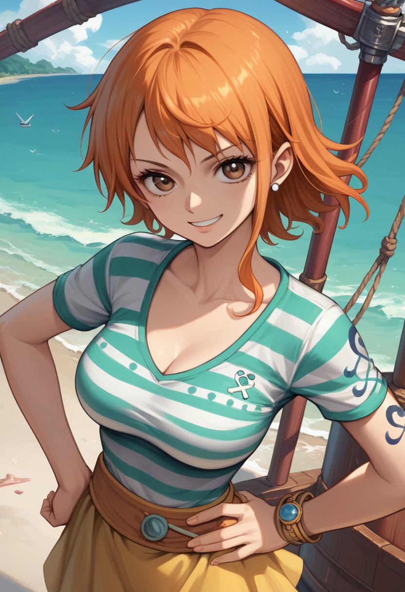 score_9, score_8_up, score_7_up, source_anime,  highly detailed, BREAK, 
 nami, 1girl, short hair, orange hair, solo, striped shirt, yellow skirt, looking at viewer, smile, brown eyes,boots,  upper body,hand on own hip,smile, beach,pirate ship