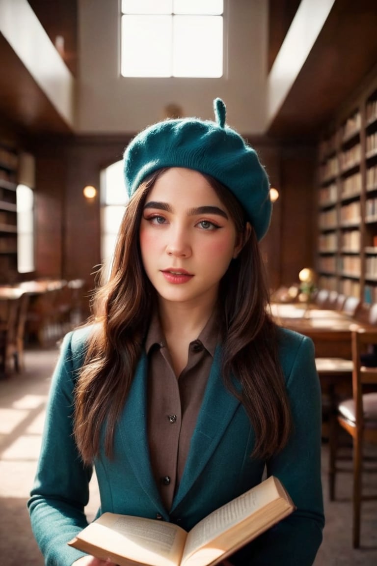 HQ photography, closeup portrait, sharp focus, bokeh background, high contrast, In a serene, cinematic setting, a lovely, young woman, reminiscent of Angeline, sits in an antique university library, looking at the book, Degas-like attention to detail captures every curl and curve of her body. In the background, an antique library full of books and ladders is bathed by the afternoon sun rays, creating a sense of depth and atmosphere. The overall effect is stunning, with cinematic flair, masterpiece, shines brightly on ArtStation, trending for all to admire.,dark academia outfit, brown teal color palette, Rembrandt Lighting Style,darkacademia,photorealistic,tweed blazer, collar shirt, beret,Kodak Motion Picture Film Style, cateye, cute face, young face, ,staryuukixl