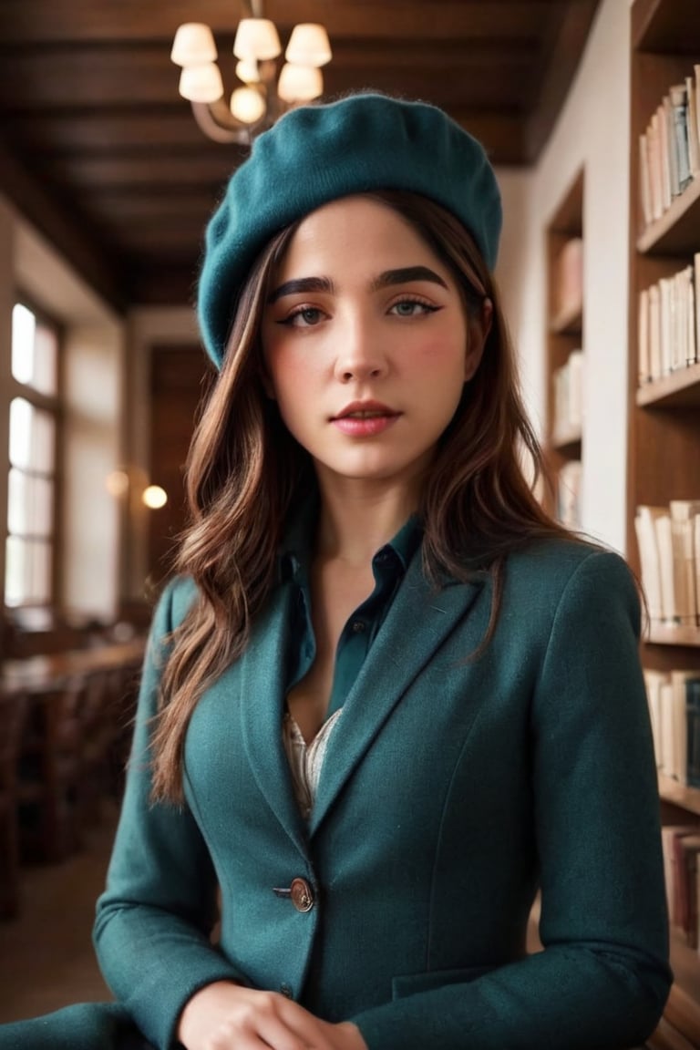 HQ photography, closeup portrait, sharp focus, bokeh background, high contrast, In a serene, cinematic setting, a lovely, young woman, reminiscent of Angeline, sits in an antique university library, looking at the book, Degas-like attention to detail captures every curl and curve of her body. In the background, an antique library full of books and ladders is bathed by the afternoon sun rays, creating a sense of depth and atmosphere. The overall effect is stunning, with cinematic flair, masterpiece, shines brightly on ArtStation, trending for all to admire.,dark academia outfit, brown teal color palette, Rembrandt Lighting Style,darkacademia,photorealistic,tweed blazer, collar shirt, beret,Kodak Motion Picture Film Style, cateye, cute face, young face, ,staryuukixl