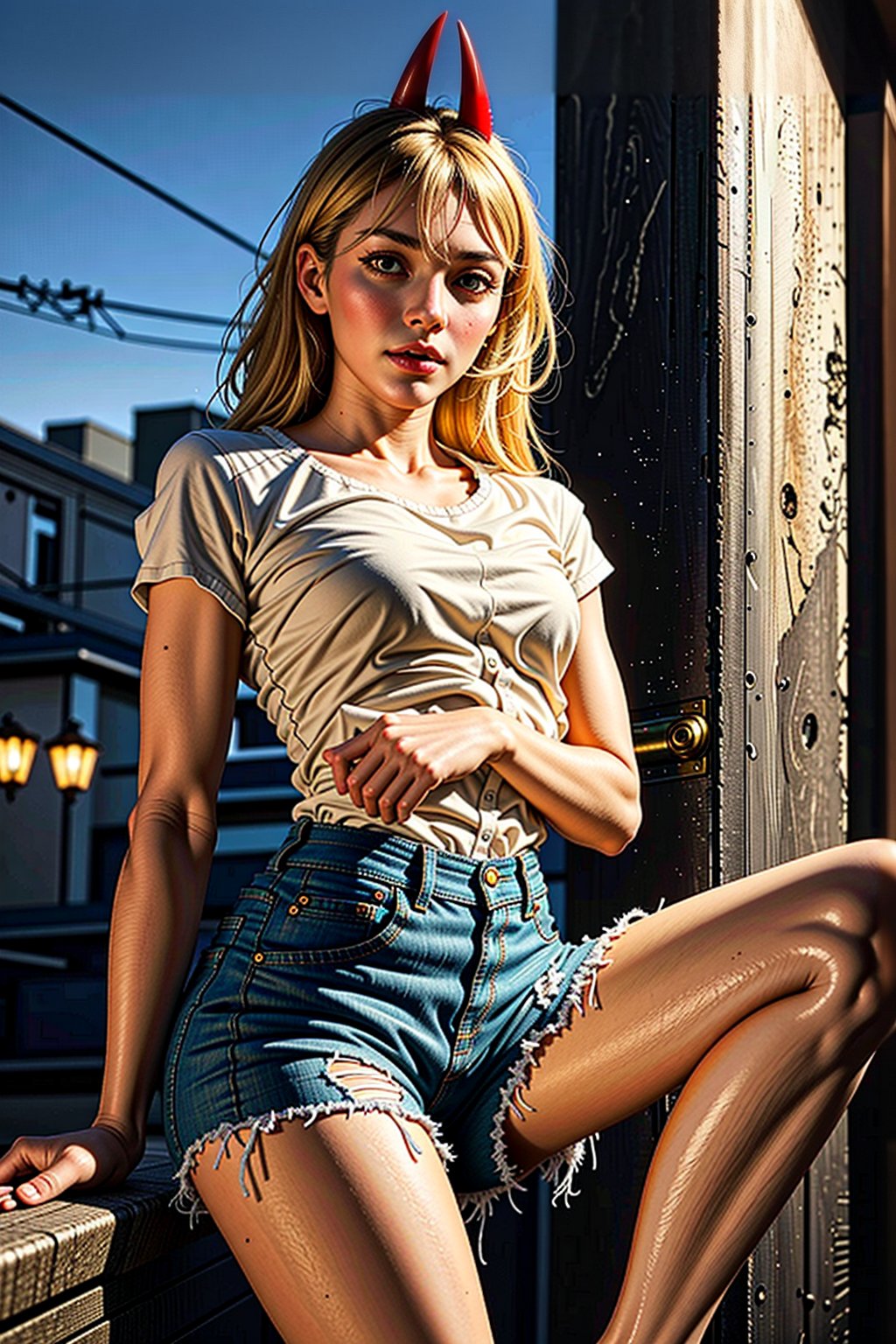 girl, blonde hair, beautiful, detailed background, (medium short shot), short white shirt, shorts, no shoes, long hair, yellow eyes, alone, on top of a building,red horns, at night,highly detailed.,Power/Chainsaw,muscle mommy,Red horns,ghostrider,Futuristic room,yaohu,perfecteyes eyes,3D,score_9