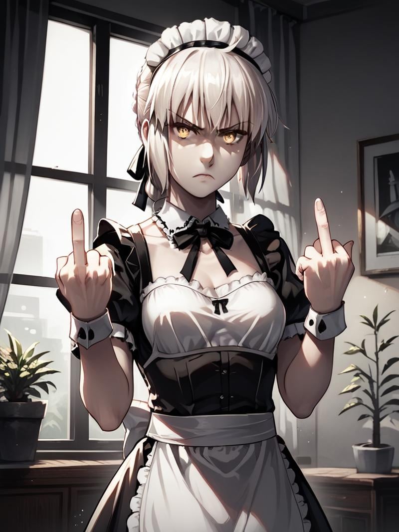 sincitystyle,score_9, score_8_up, score_7_up,  BREAK source_anime, 1girl, clothed, saber alter, indoors, potted plant, window, sunlight, by kasumi \(skchkko\), looking at viewer, serious, dutch angle, maid uniform, braid, double middle finger,portrait,<lora:SinCityStylePony:0.8>