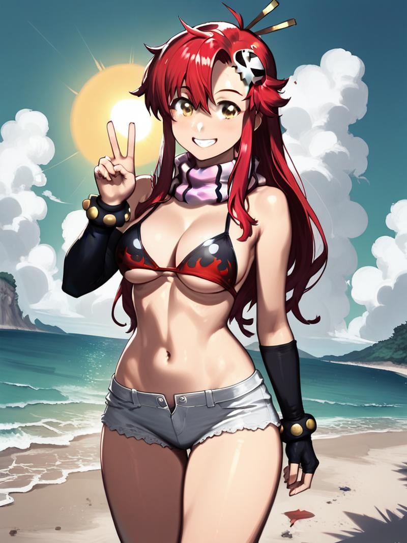 sincitystyle,score_9, score_8_up, score_7_up, BREAK source_anime,1girl, clothed, yoko littner, v, in beach, sunny , sea, sand, sun, by nilsunna, looking at viewer, happy, dutch angle, curvy,<lora:SinCityStylePony:0.8>