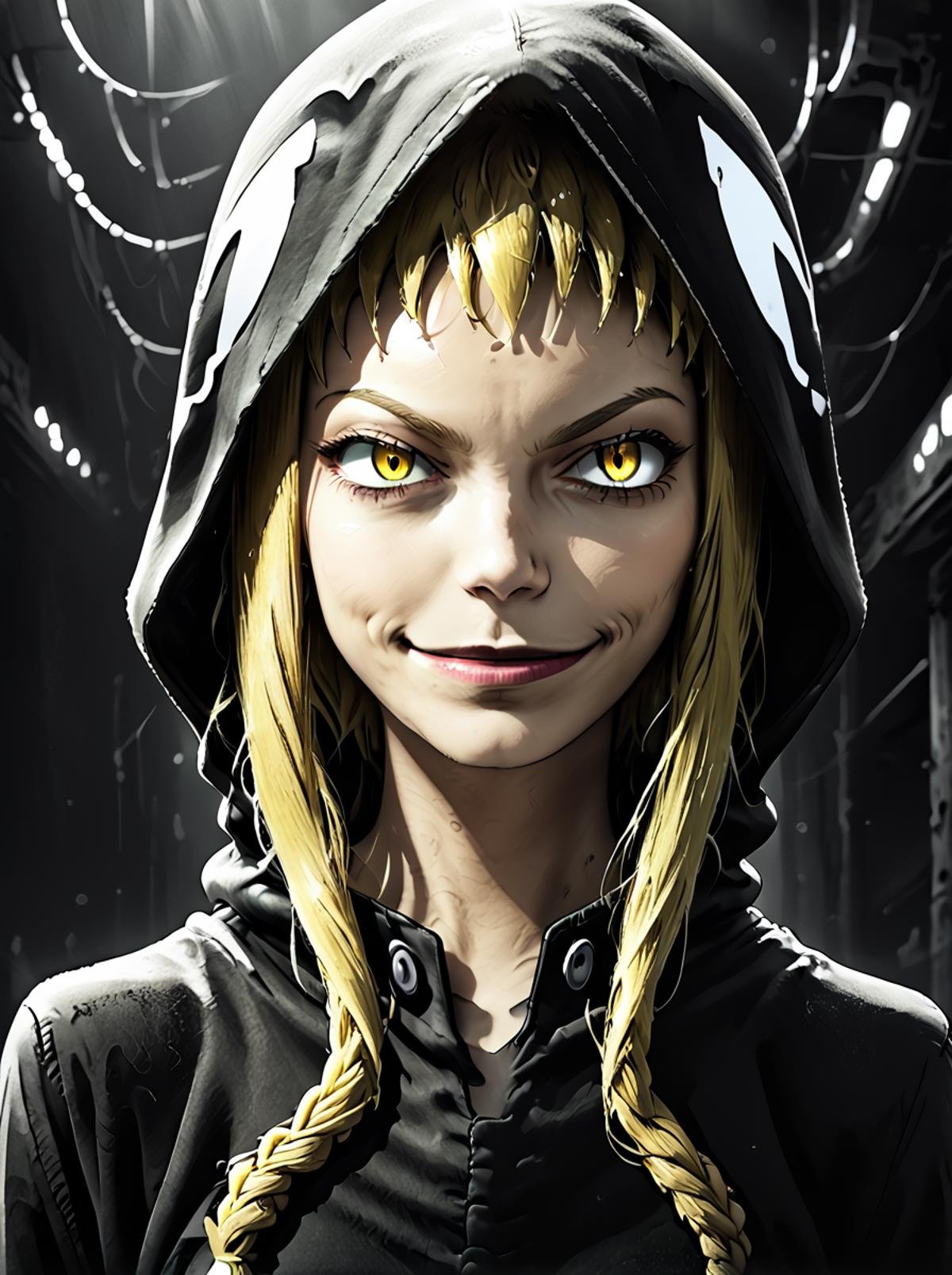 score_9, score_8_up, score_7_up, BREAK source_anime, <lora:soul_eater_pony:0.8>,detailed shadows,realistic lights,low contrast,overall detail,eye detail, souleaterstyle,score_9,medusa,1girl,solo,smile,blonde hair,yellow eyes,hood,hoodie,smirk,anime coloringsincitystyle, , <lora:SinCityStylePony:0.8>