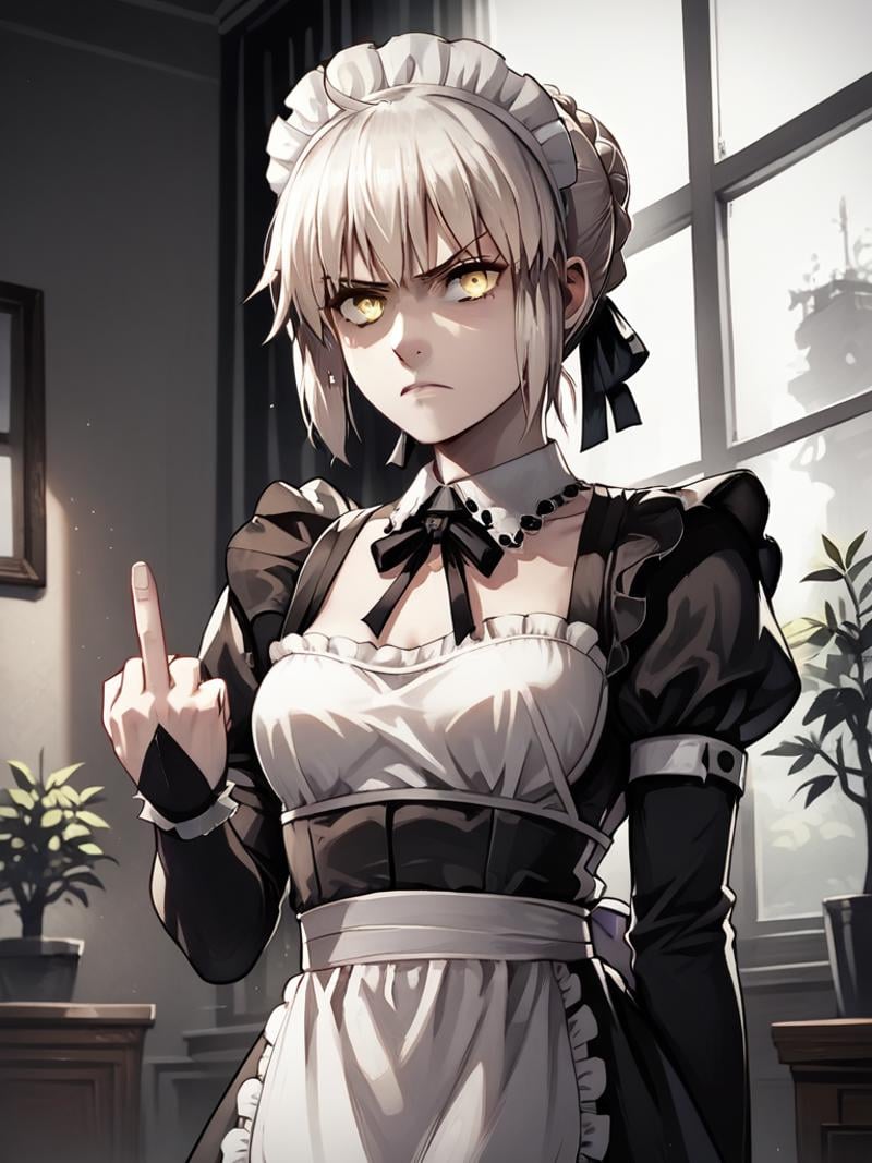 sincitystyle,score_9, score_8_up, score_7_up,  BREAK source_anime, 1girl, clothed, saber alter, indoors, potted plant, window, sunlight, by kasumi \(skchkko\), looking at viewer, serious, dutch angle, maid uniform, braid, double middle finger,portrait,<lora:SinCityStylePony:0.8>