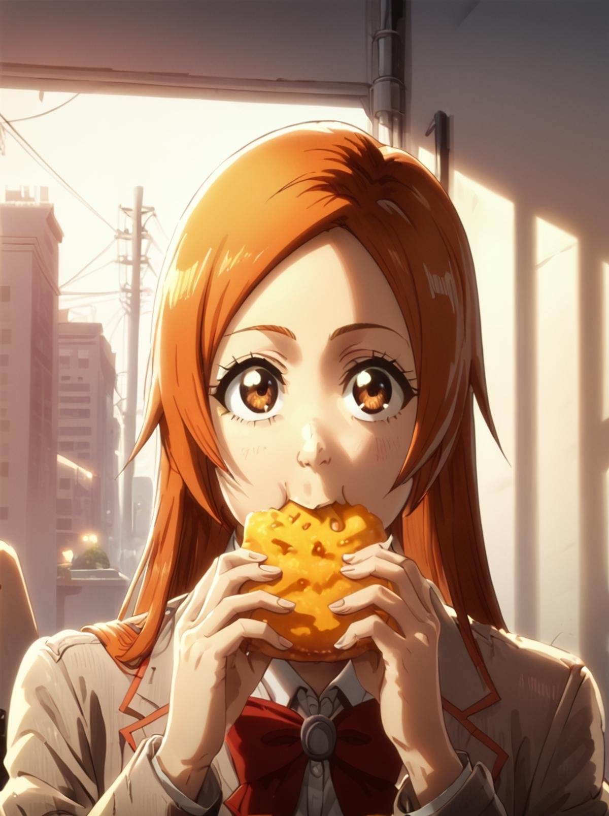 score_9, score_8_up, score_7_up, ,source_anime,BREAK,overalldetail,eyedetail,detailed face, BleachTYBW,orihime,score_9,, 1girl, eating, food, solo, school uniform, bow, orange hair, brown eyes, long hair, long and slim cheese, jacket, holding, bowtie, looking at viewer,sunset ligths,natural lights,shadows <lora:bleach_tybw_pony:0.8> <lora:SinCityStylePony:0.8>,sincitystyle,